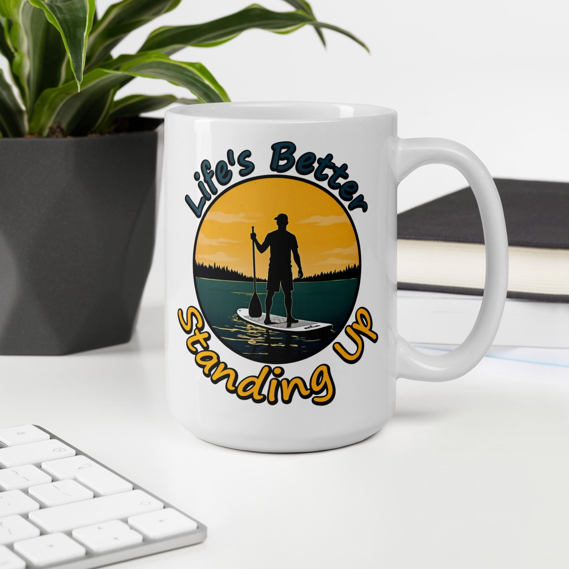 Paddle Boarding "Life's Better Standing Up" White Glossy Mug (11 oz, 15 oz, 20 oz) - Mugs - Discovery Co.