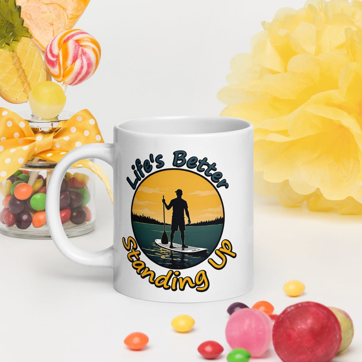 Paddle Boarding "Life's Better Standing Up" White Glossy Mug (11 oz, 15 oz, 20 oz) - Mugs - Discovery Co.