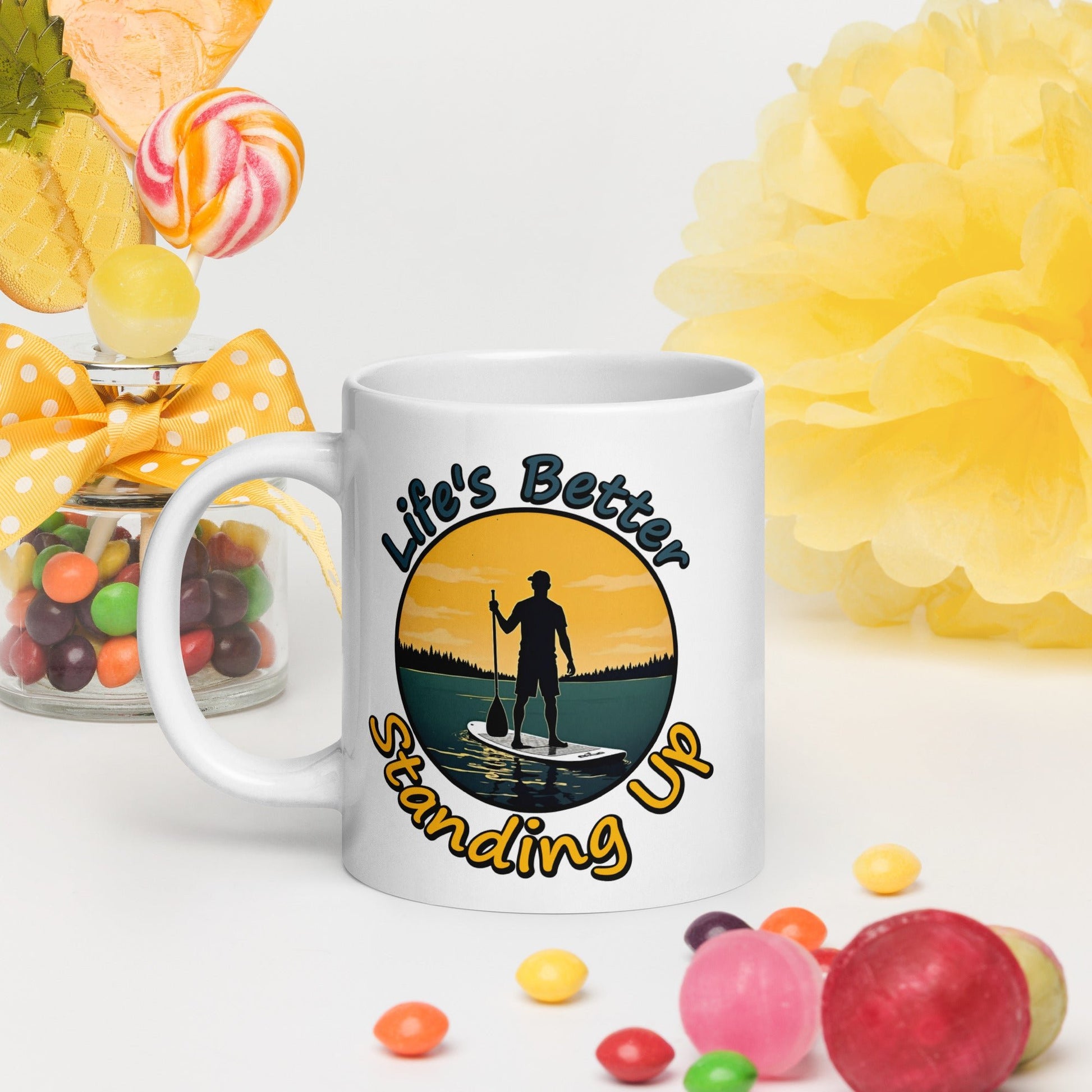 Paddle Boarding "Life's Better Standing Up" White Glossy Mug (11 oz, 15 oz, 20 oz) - Mugs - Discovery Co.