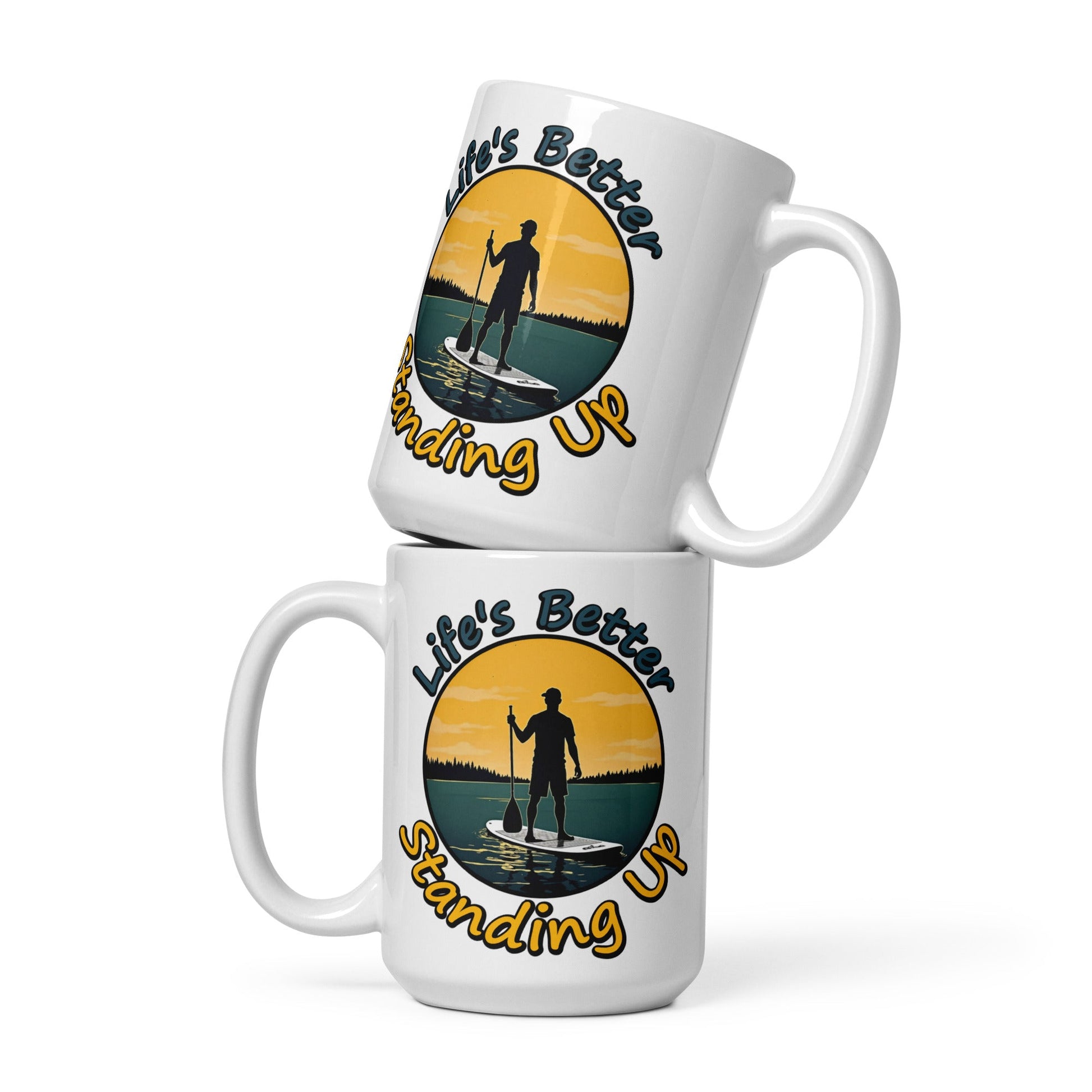 Paddle Boarding "Life's Better Standing Up" White Glossy Mug (11 oz, 15 oz, 20 oz) - Mugs - Discovery Co.