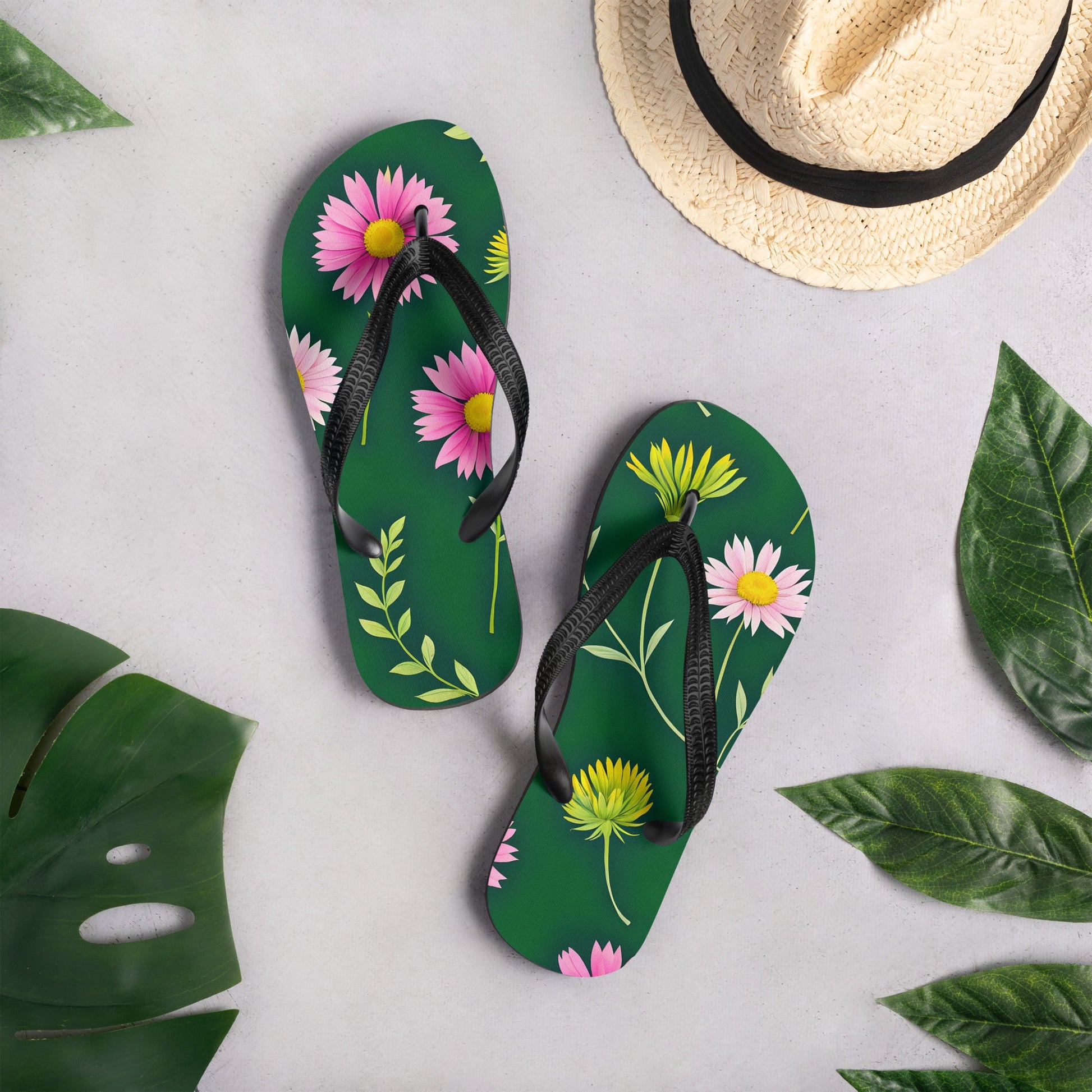 Pink And Green Flowers Flip - Flops - Footwear - Discovery Co.