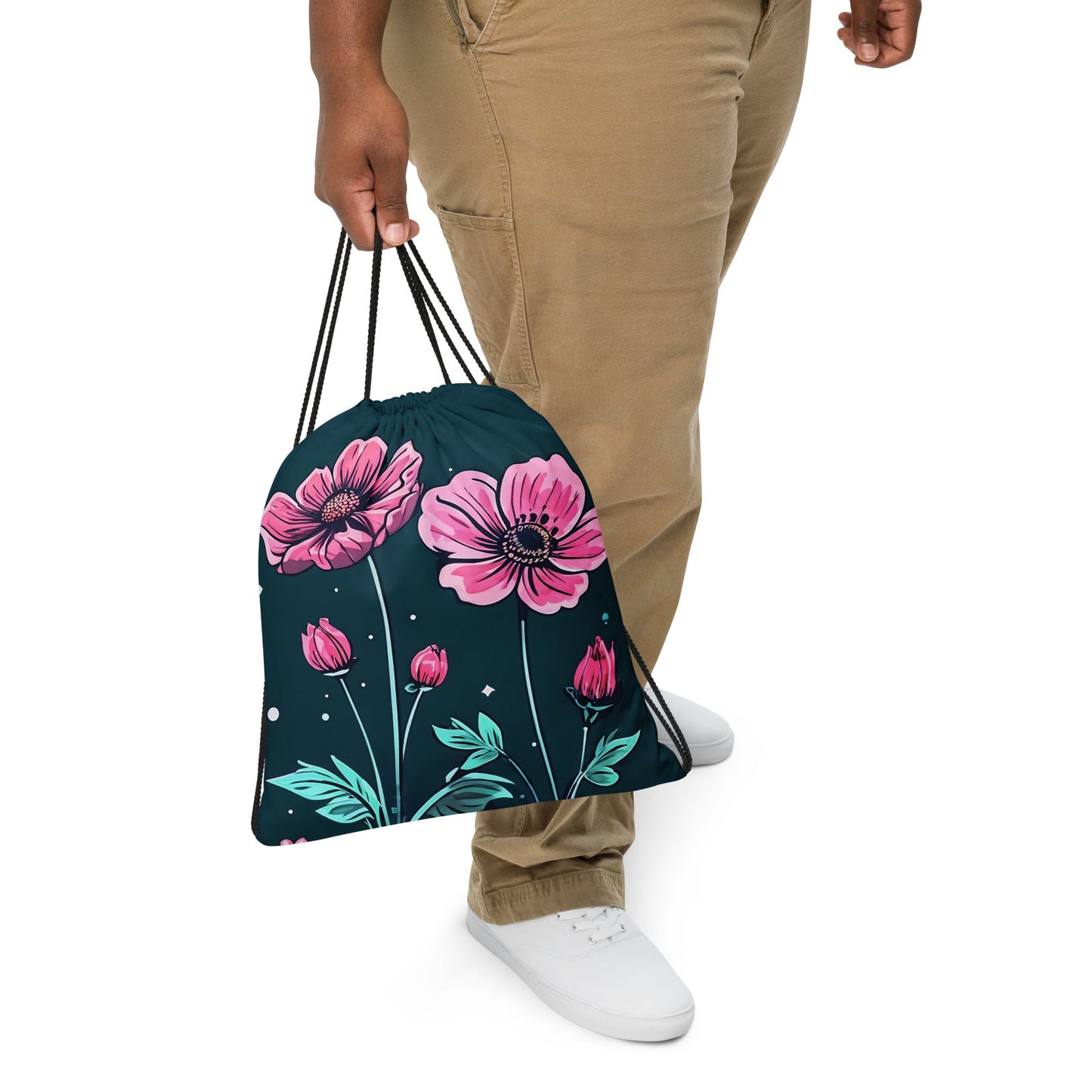 Pink Flowers Drawstring Bag - Drawstring Bag - Discovery Co.