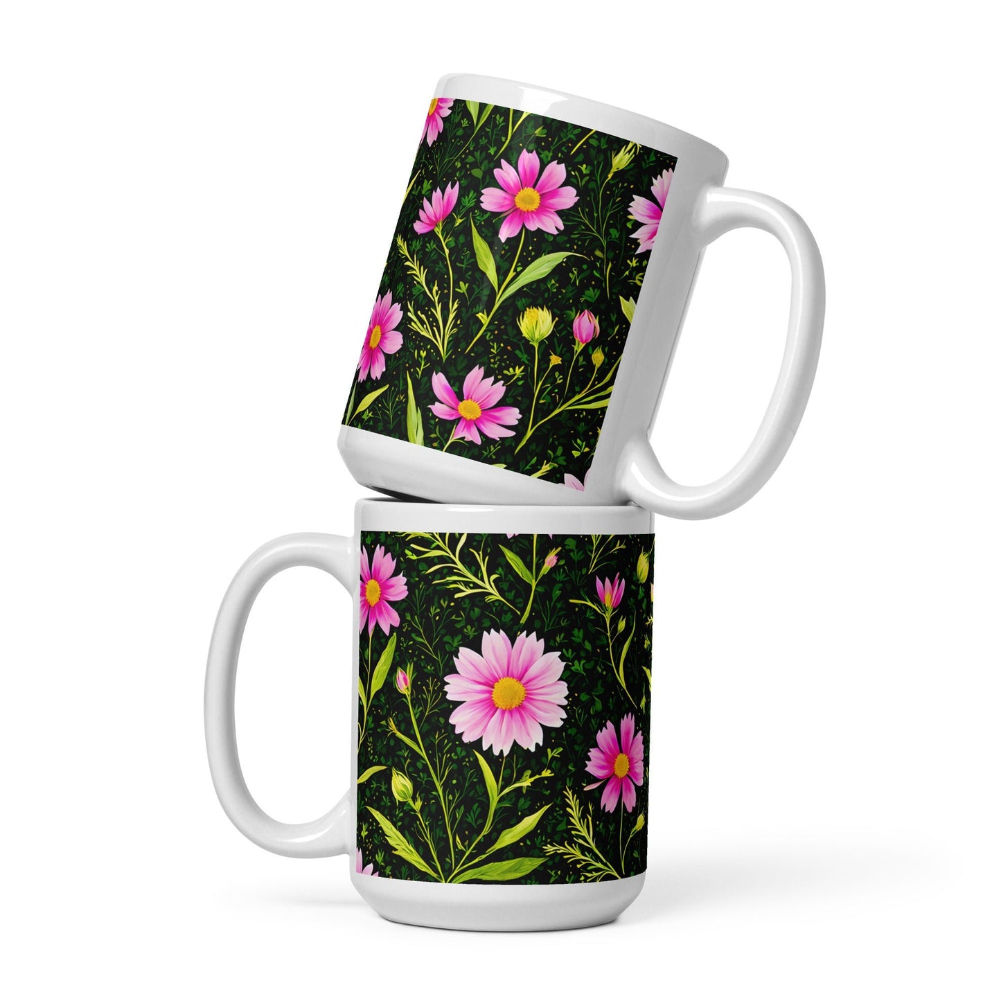 Pink Flowers II White Glossy Mug (11 oz, 15 oz, 20 oz) - Mugs - Discovery Co.