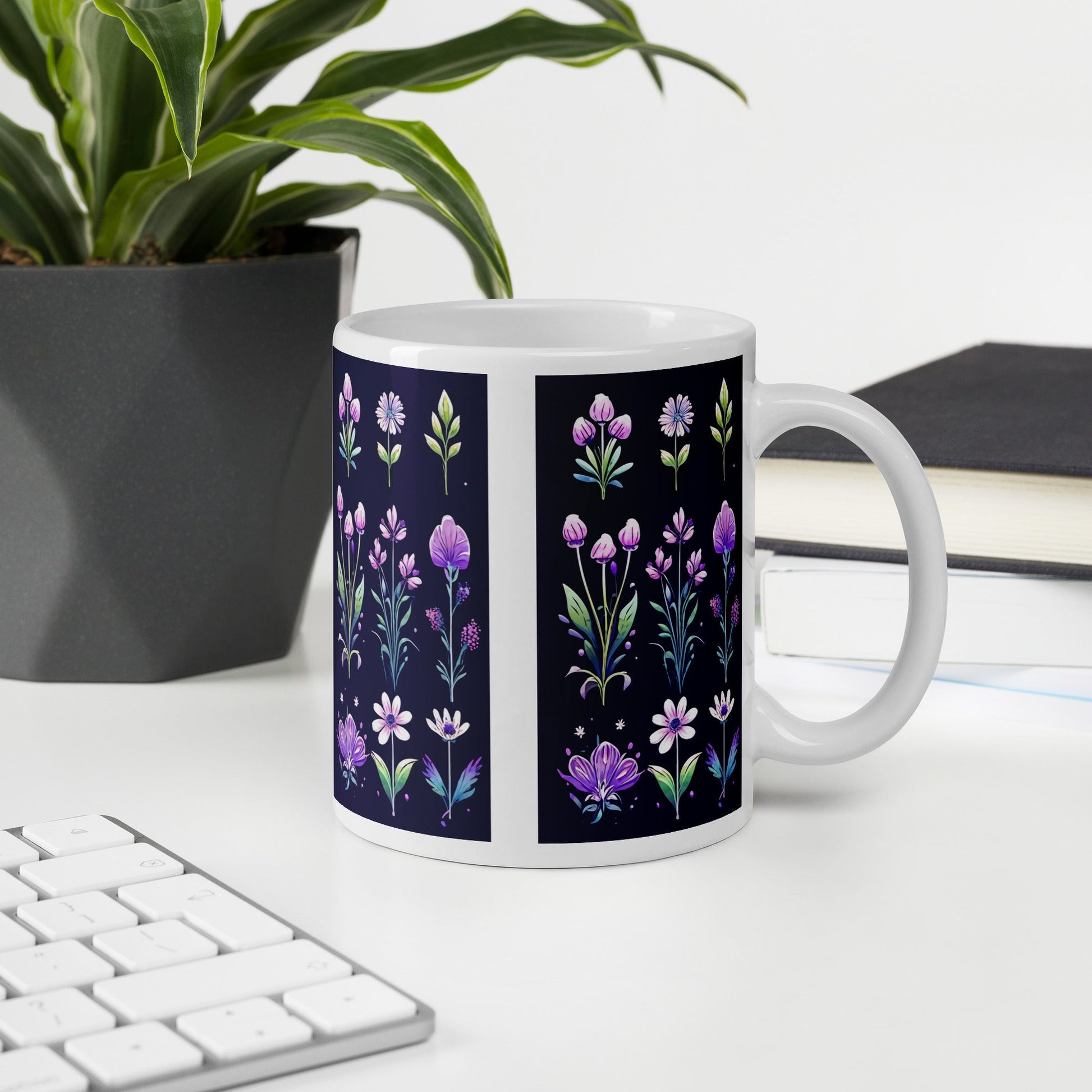 Purple and Green Flowers White Glossy Mug (11 oz, 15 oz, 20 oz) - Mugs - Discovery Co.