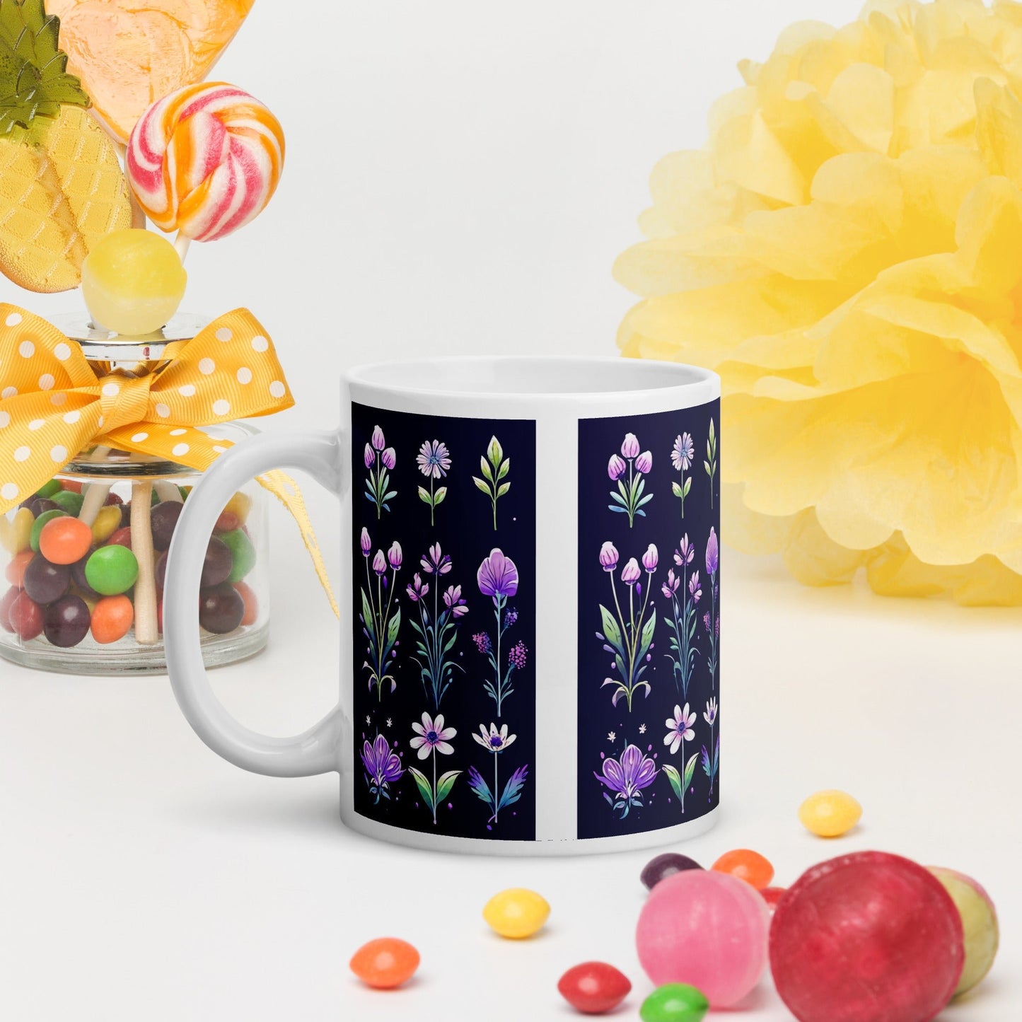 Purple and Green Flowers White Glossy Mug (11 oz, 15 oz, 20 oz) - Mugs - Discovery Co.