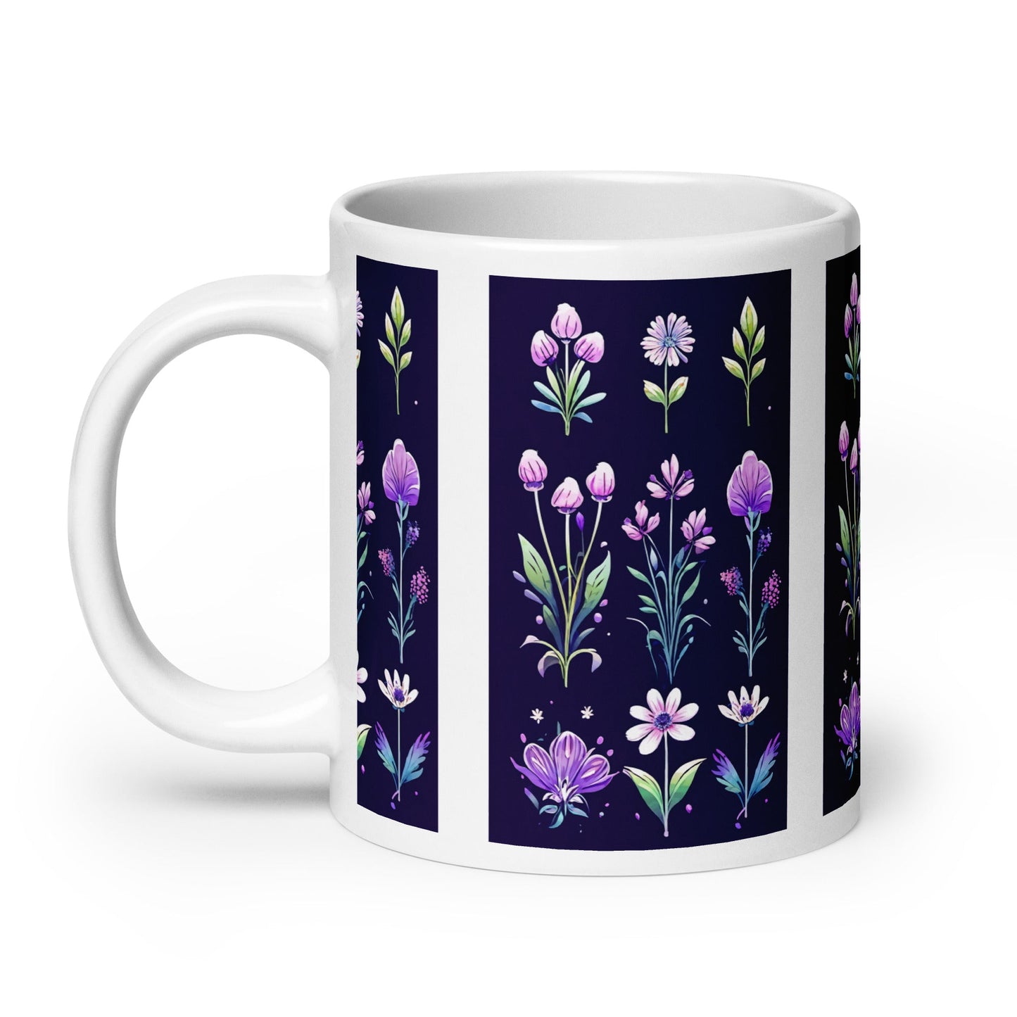 Purple and Green Flowers White Glossy Mug (11 oz, 15 oz, 20 oz) - Mugs - Discovery Co.