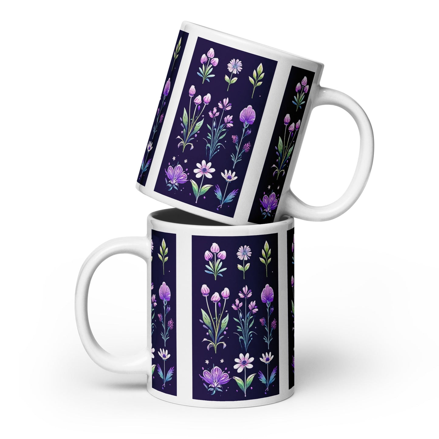 Purple and Green Flowers White Glossy Mug (11 oz, 15 oz, 20 oz) - Mugs - Discovery Co.