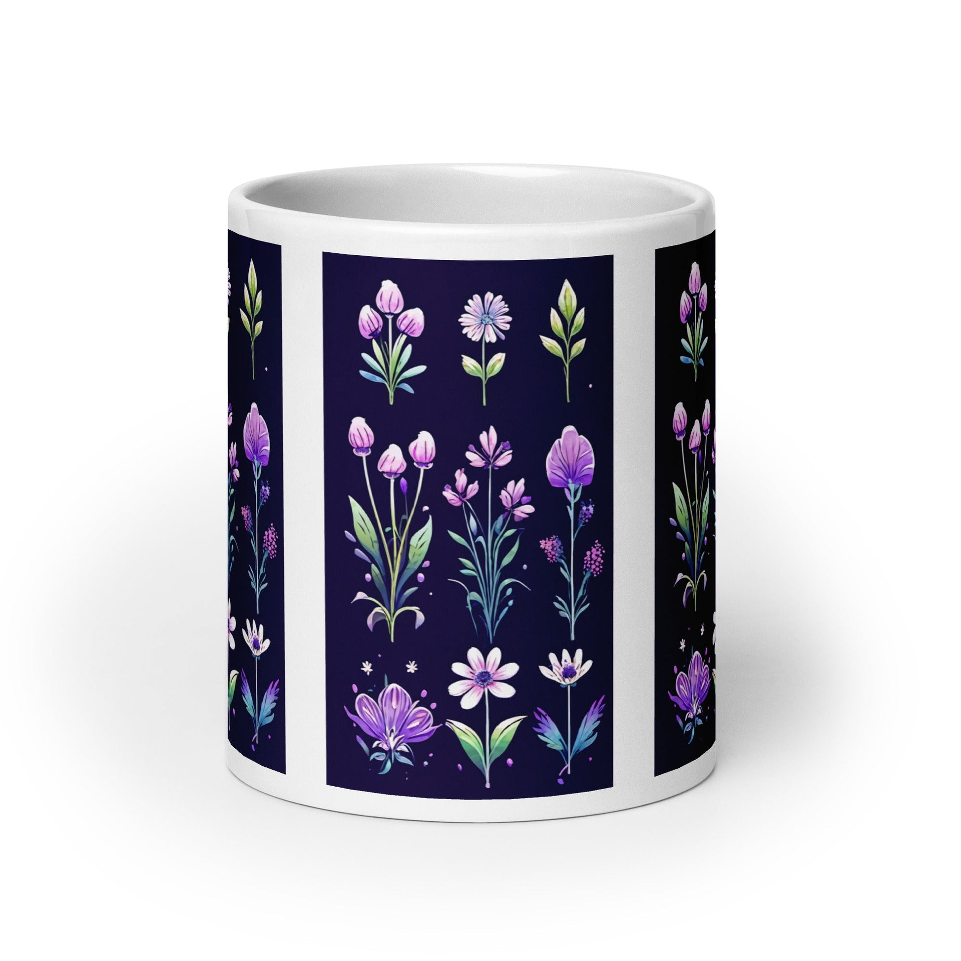 Purple and Green Flowers White Glossy Mug (11 oz, 15 oz, 20 oz) - Mugs - Discovery Co.