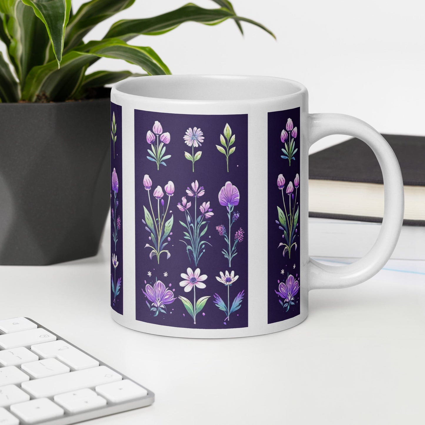 Purple and Green Flowers White Glossy Mug (11 oz, 15 oz, 20 oz) - Mugs - Discovery Co.