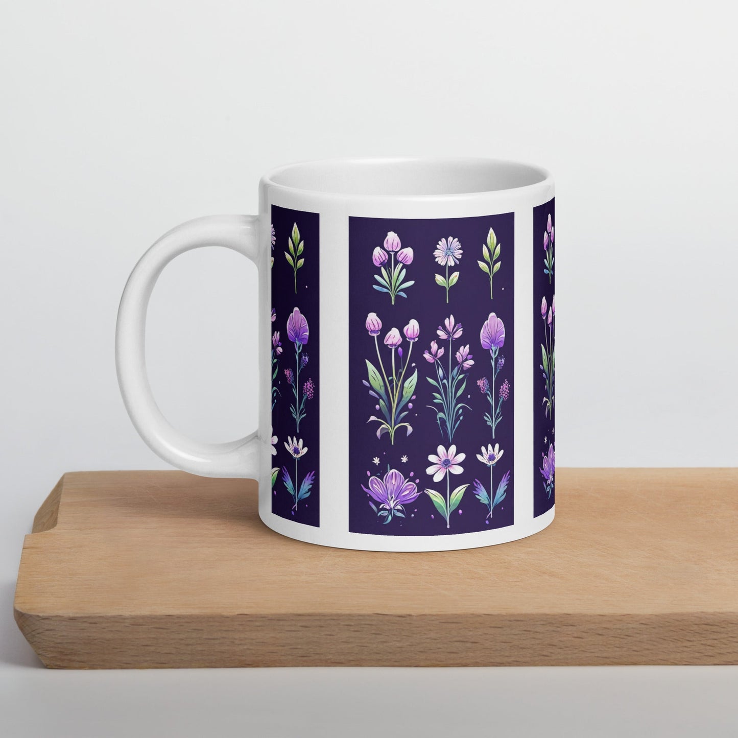 Purple and Green Flowers White Glossy Mug (11 oz, 15 oz, 20 oz) - Mugs - Discovery Co.