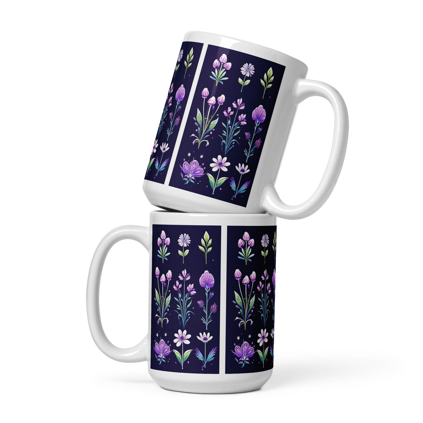 Purple and Green Flowers White Glossy Mug (11 oz, 15 oz, 20 oz) - Mugs - Discovery Co.