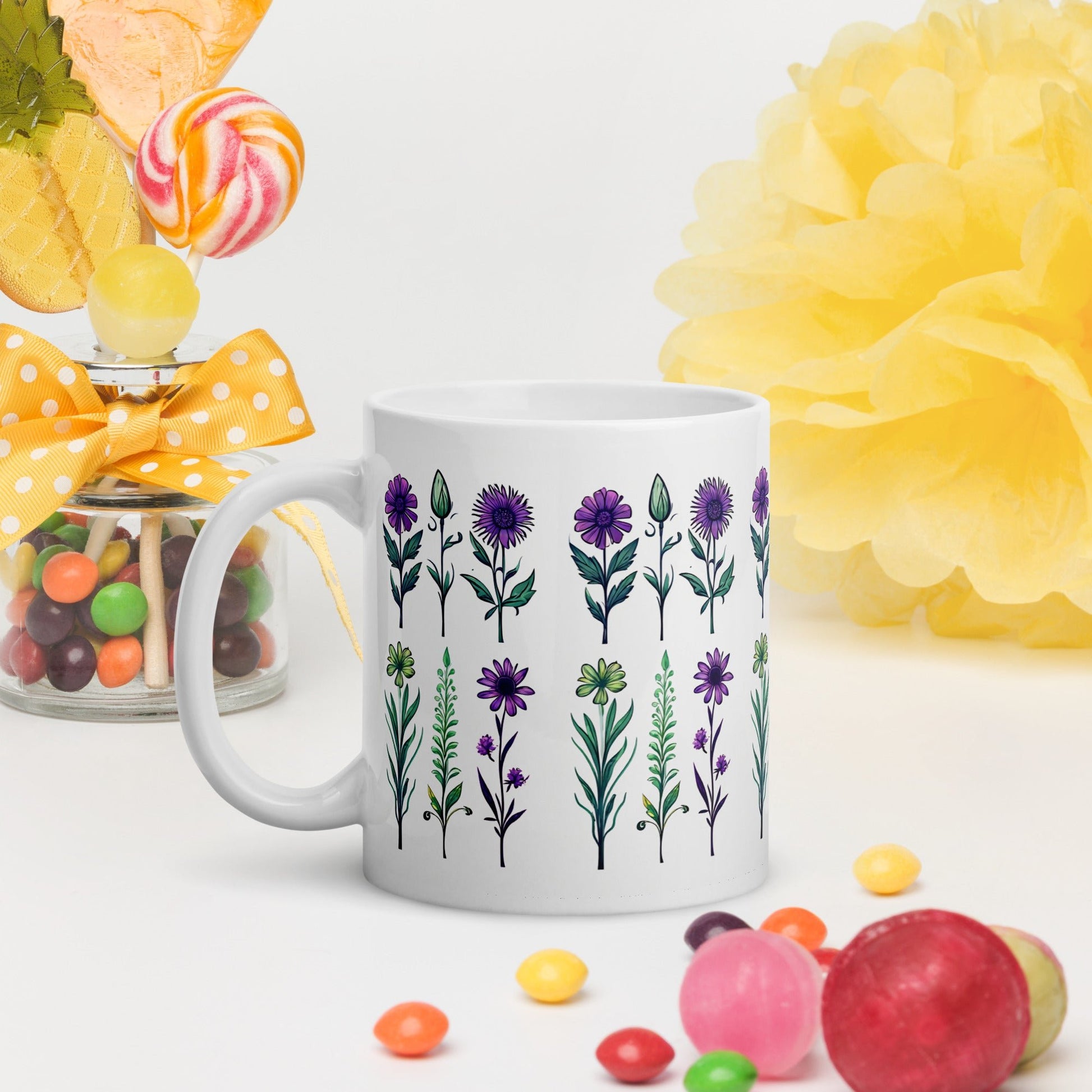 Purple and Green Wildflowers White Glossy Mug (11 oz, 15 oz, 20 oz) - Mugs - Discovery Co.