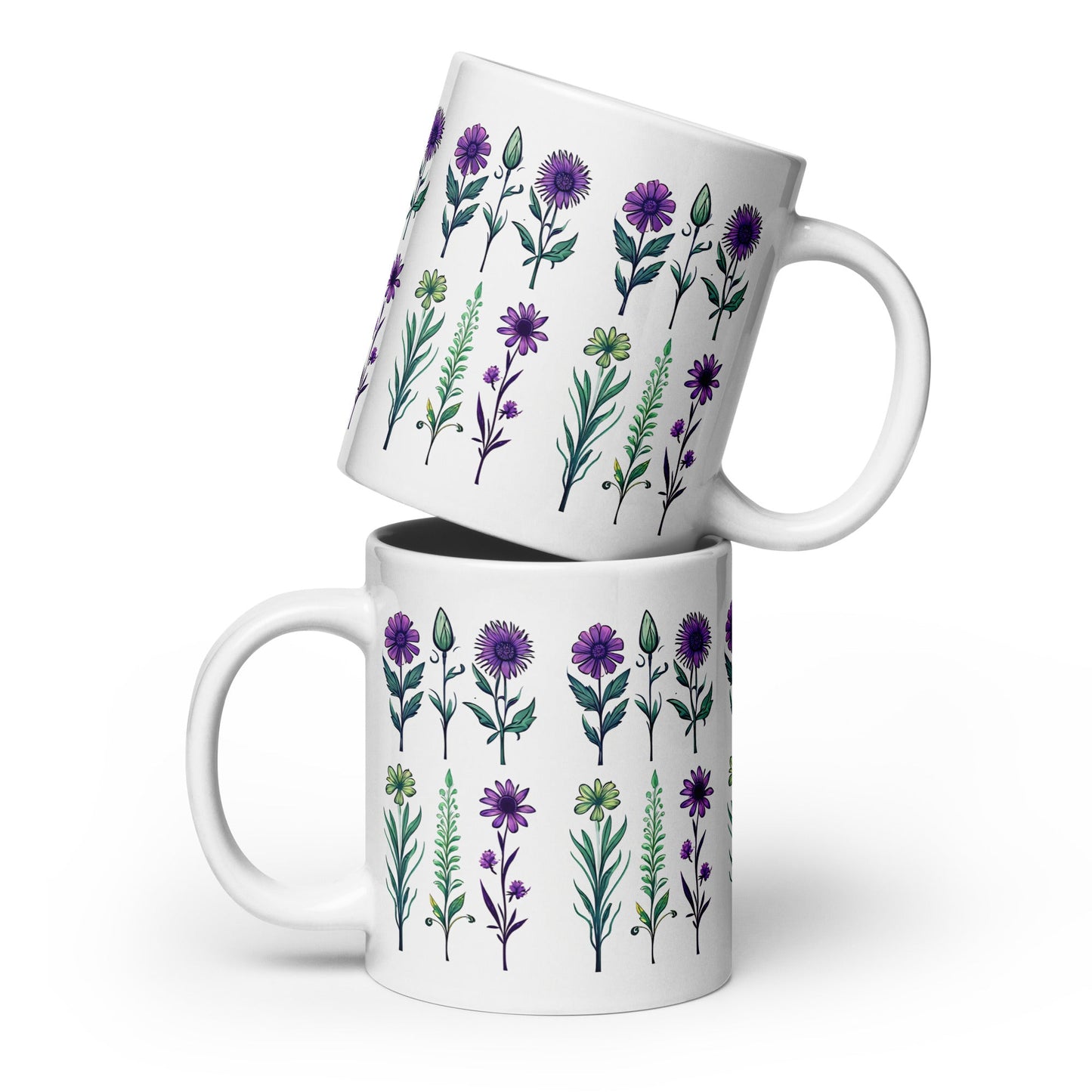 Purple and Green Wildflowers White Glossy Mug (11 oz, 15 oz, 20 oz) - Mugs - Discovery Co.