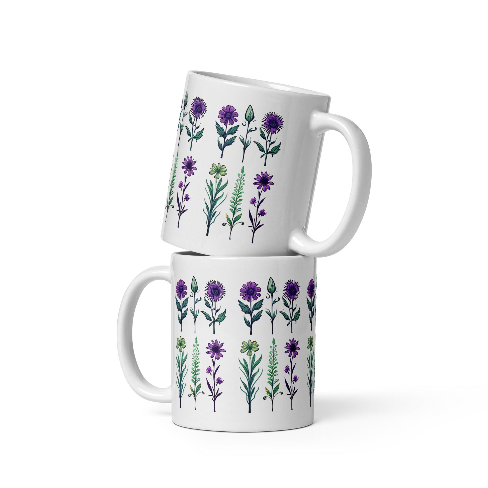 Purple and Green Wildflowers White Glossy Mug (11 oz, 15 oz, 20 oz) - Mugs - Discovery Co.