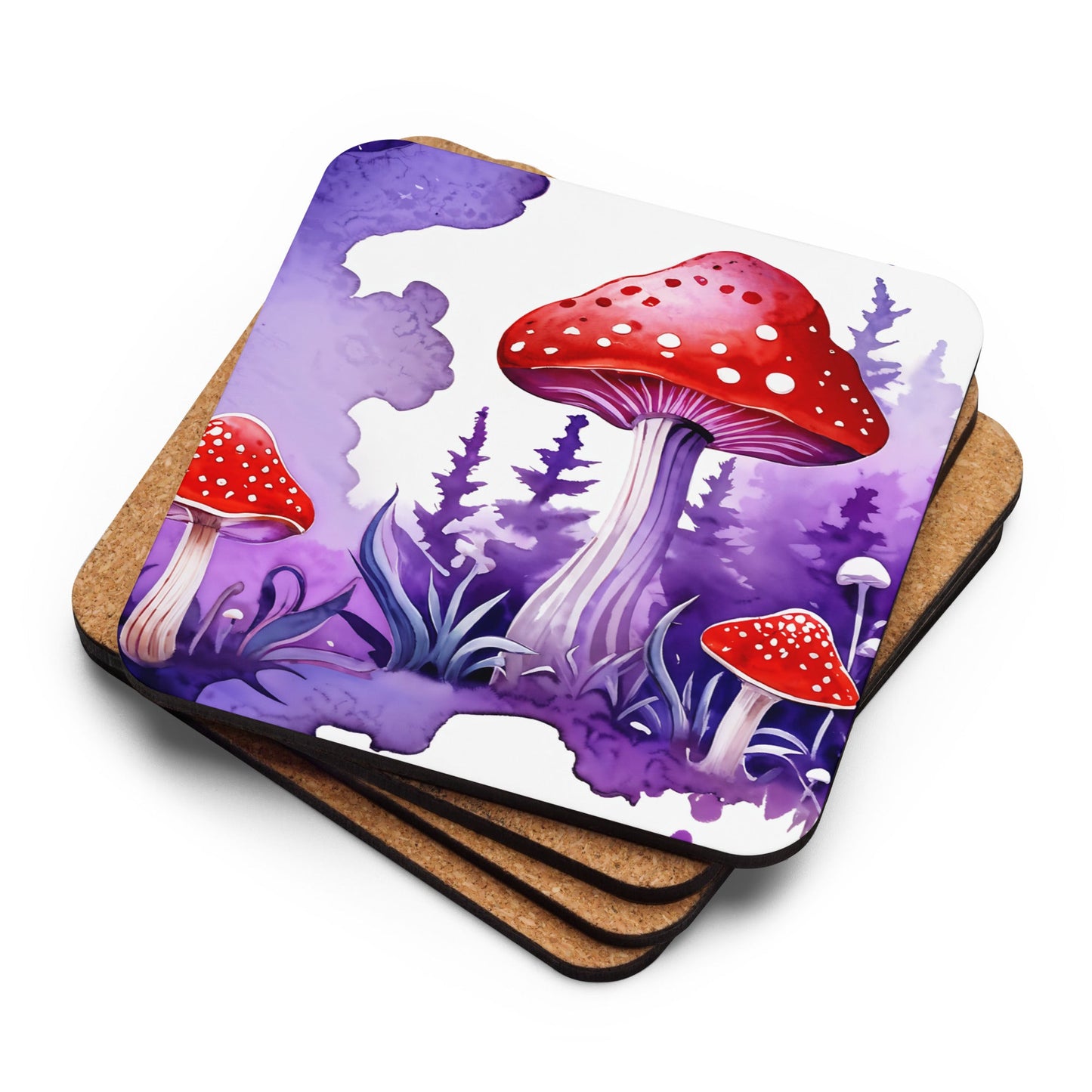 Purple and Red Mushrooms Watercolor Art Cork - back Coaster - Coasters - Discovery Co.