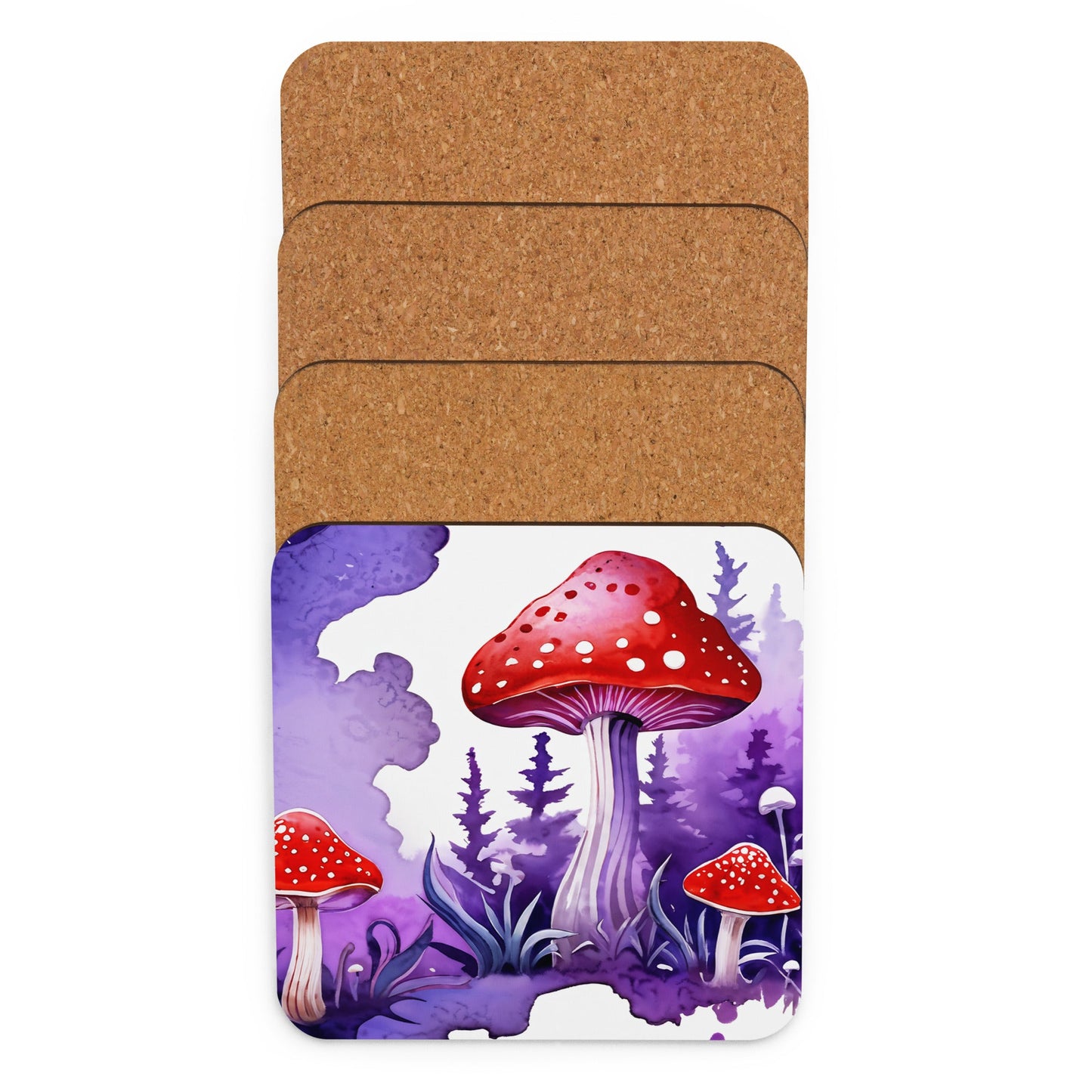 Purple and Red Mushrooms Watercolor Art Cork - back Coaster - Coasters - Discovery Co.