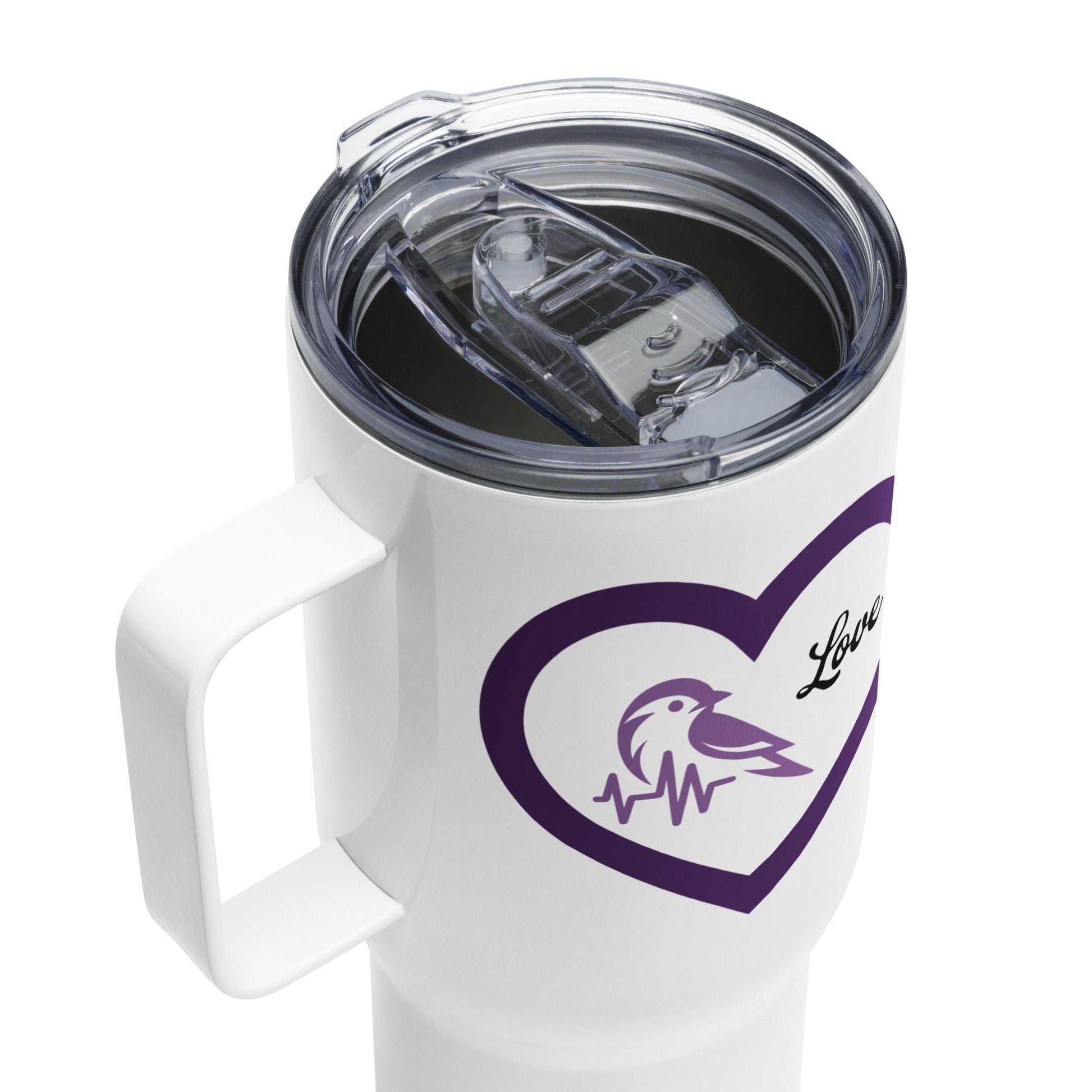 Purple Bird Heartbeat Travel Mug With Handle (25 oz and 40 oz) - Travel Mug - Discovery Co.