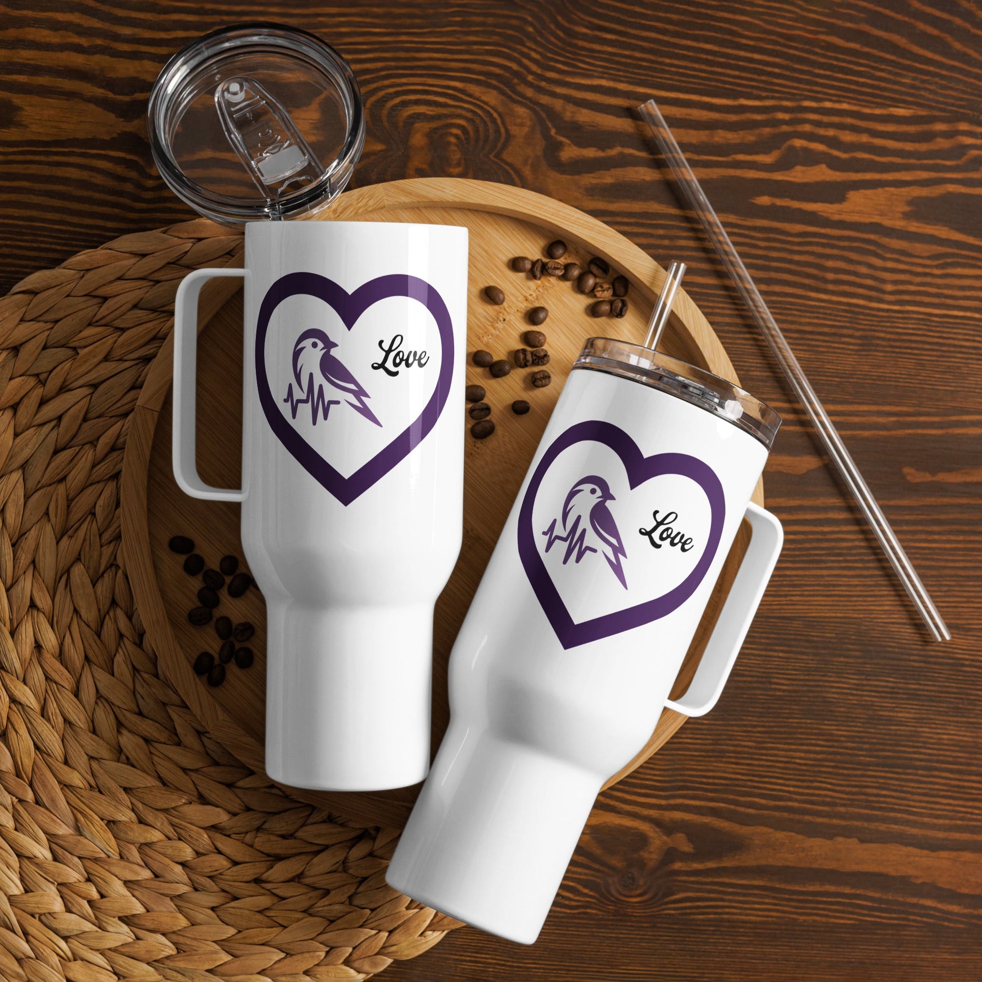 Purple Bird Heartbeat Travel Mug With Handle (25 oz and 40 oz) - Travel Mug - Discovery Co.
