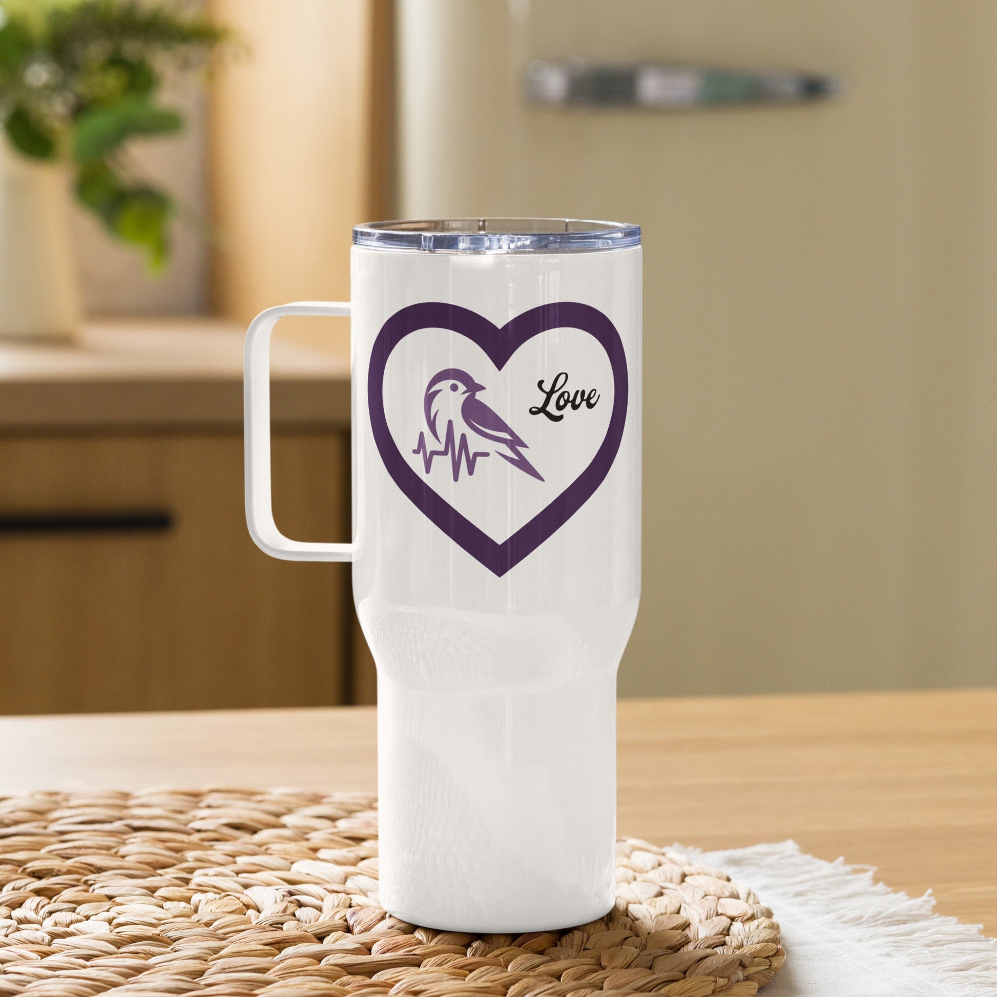 Purple Bird Heartbeat Travel Mug With Handle (25 oz and 40 oz) - Travel Mug - Discovery Co.
