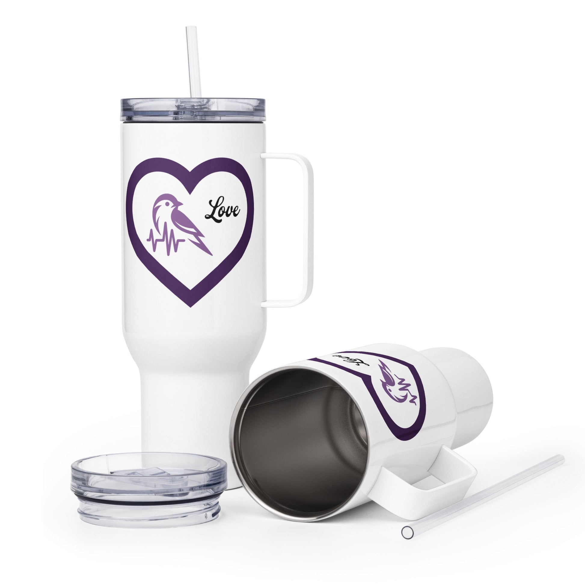 Purple Bird Heartbeat Travel Mug With Handle (25 oz and 40 oz) - Travel Mug - Discovery Co.
