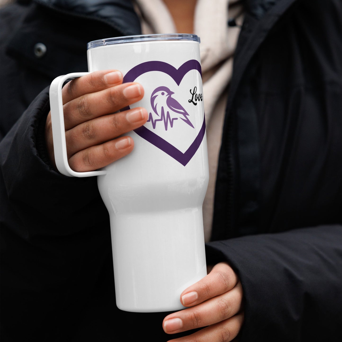 Purple Bird Heartbeat Travel Mug With Handle (25 oz and 40 oz) - Travel Mug - Discovery Co.