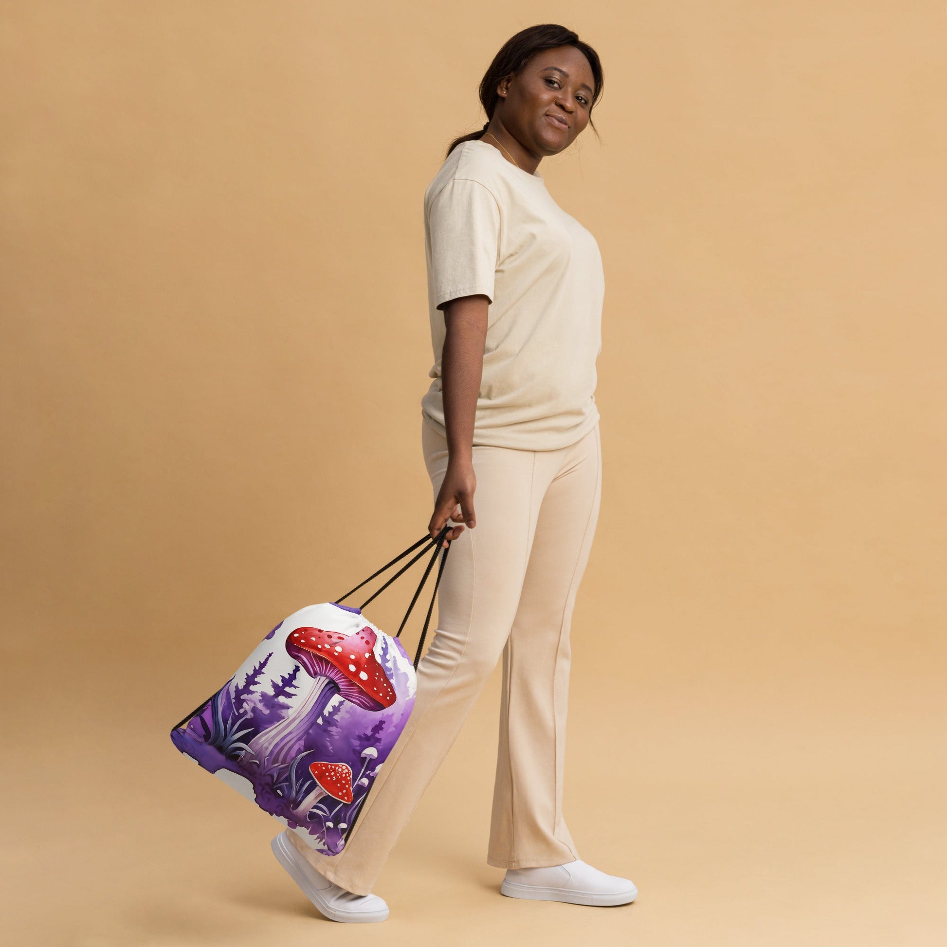 Purple Watercolor Mushrooms Drawstring Bag - Drawstring Bag - Discovery Co.