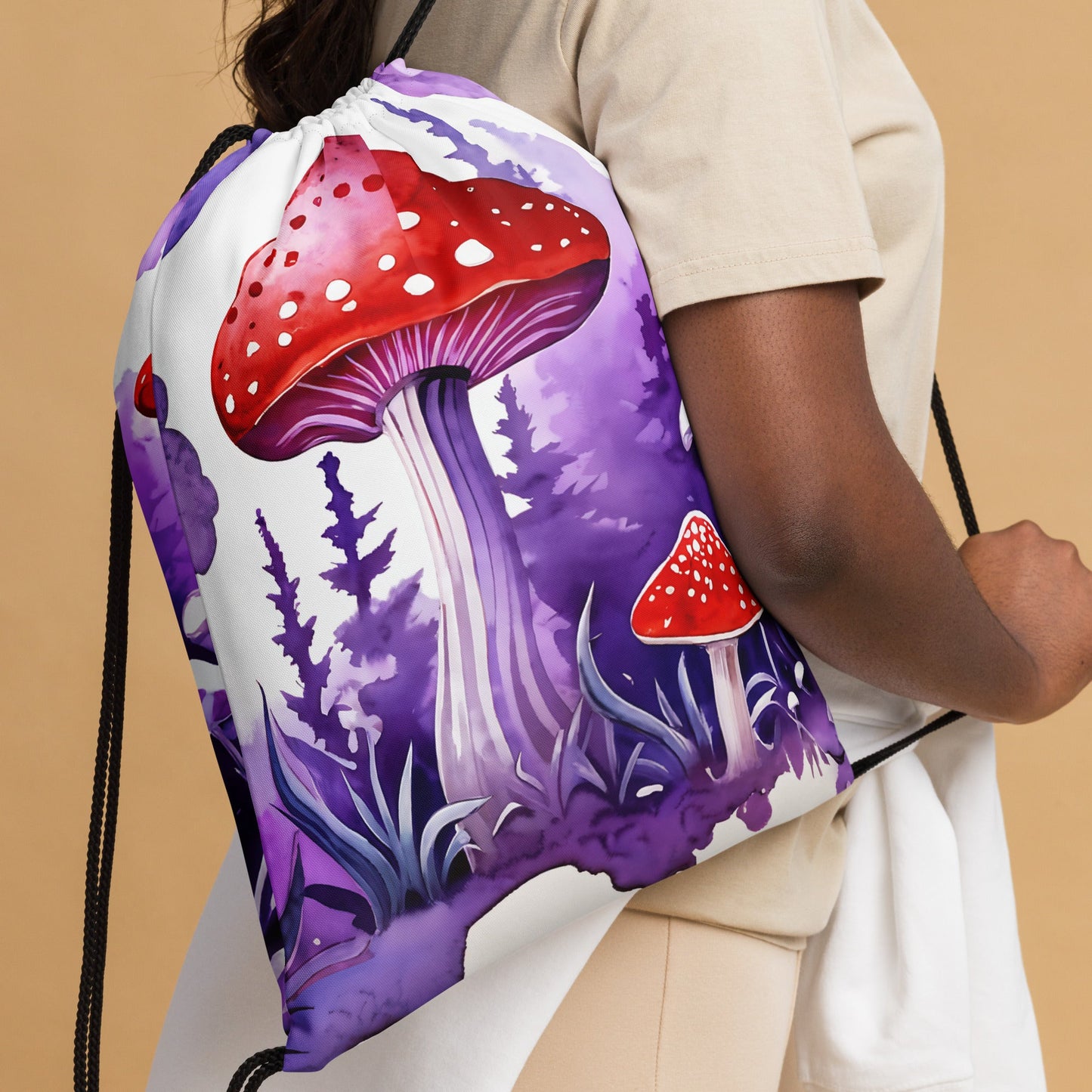 Purple Watercolor Mushrooms Drawstring Bag - Drawstring Bag - Discovery Co.