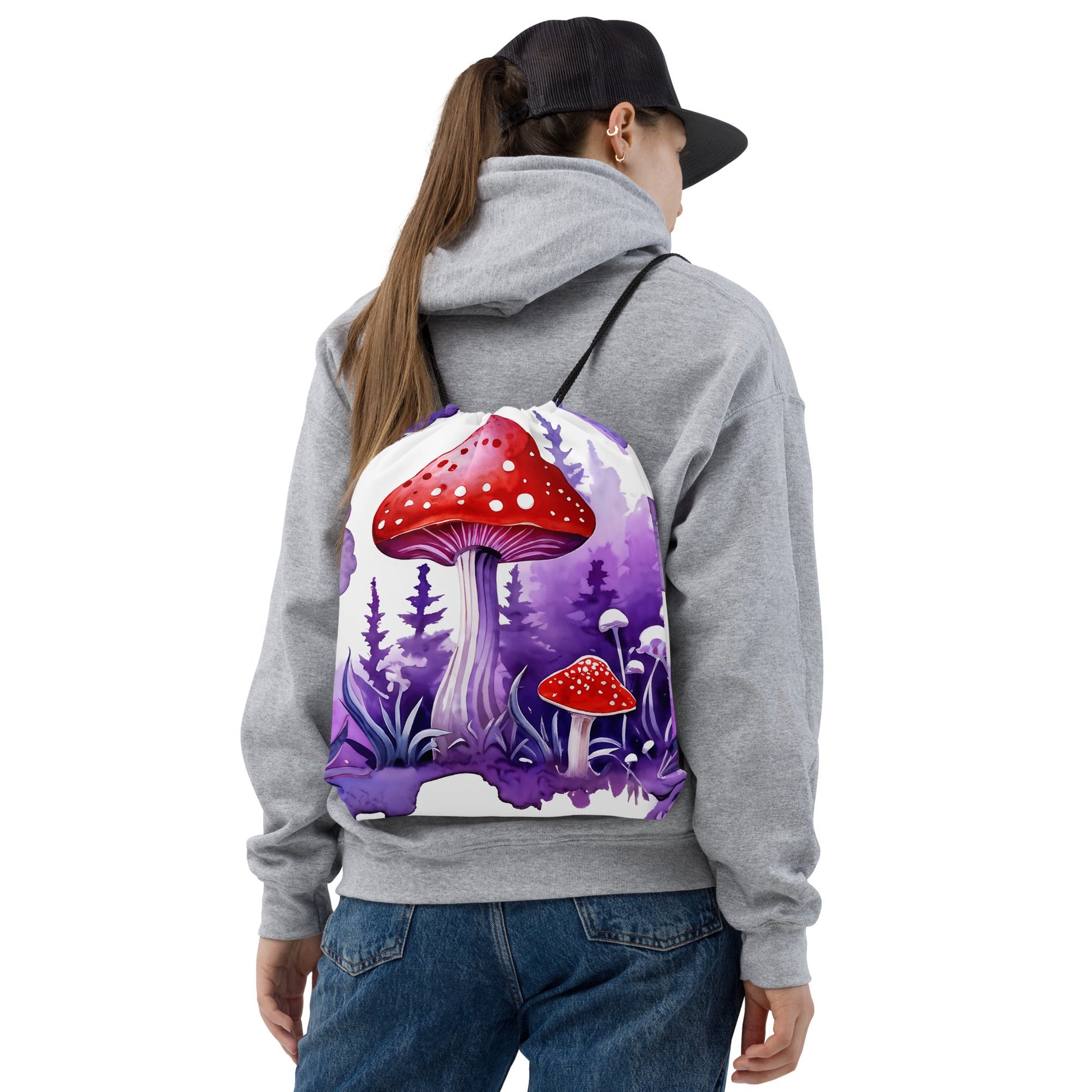 Purple Watercolor Mushrooms Drawstring Bag - Drawstring Bag - Discovery Co.