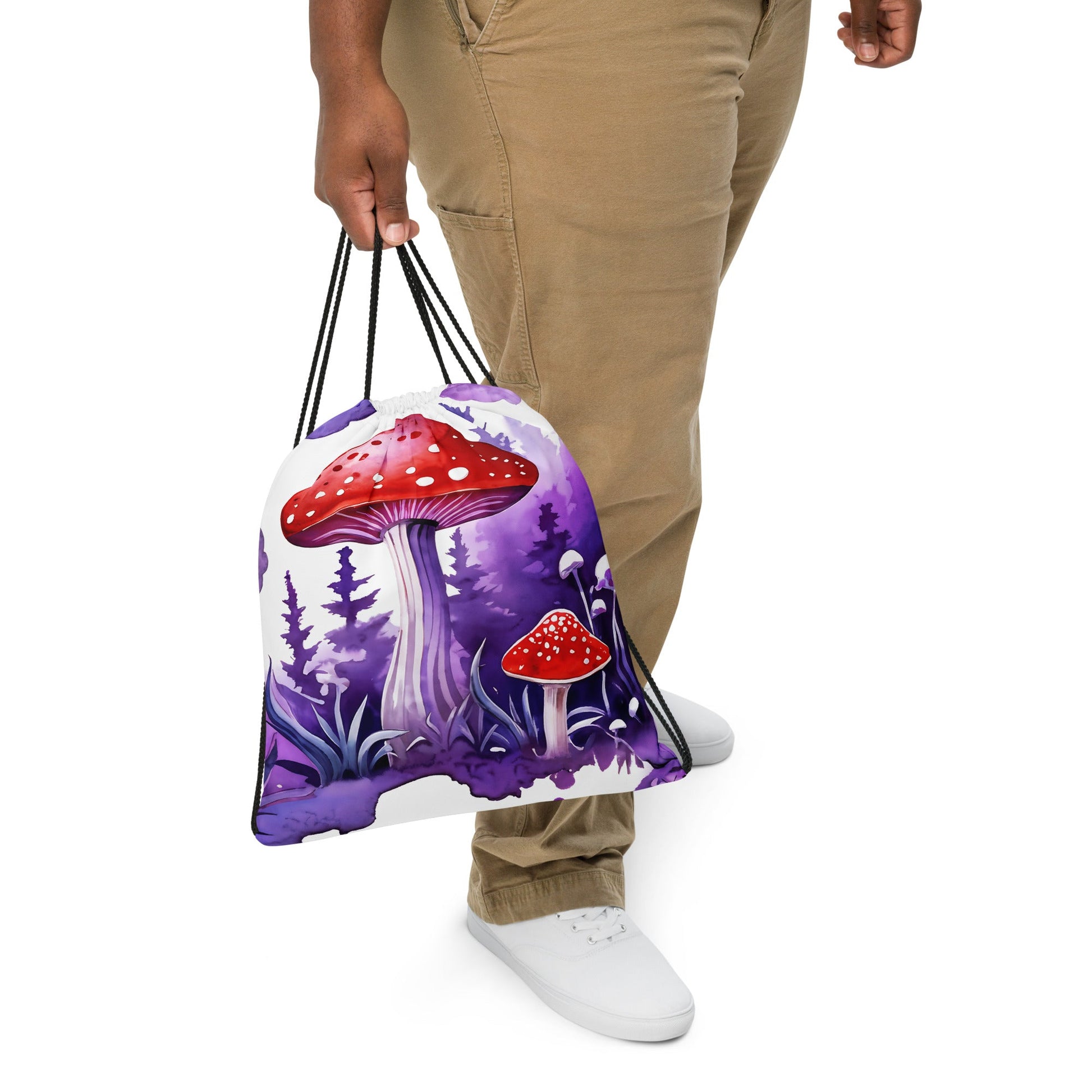 Purple Watercolor Mushrooms Drawstring Bag - Drawstring Bag - Discovery Co.