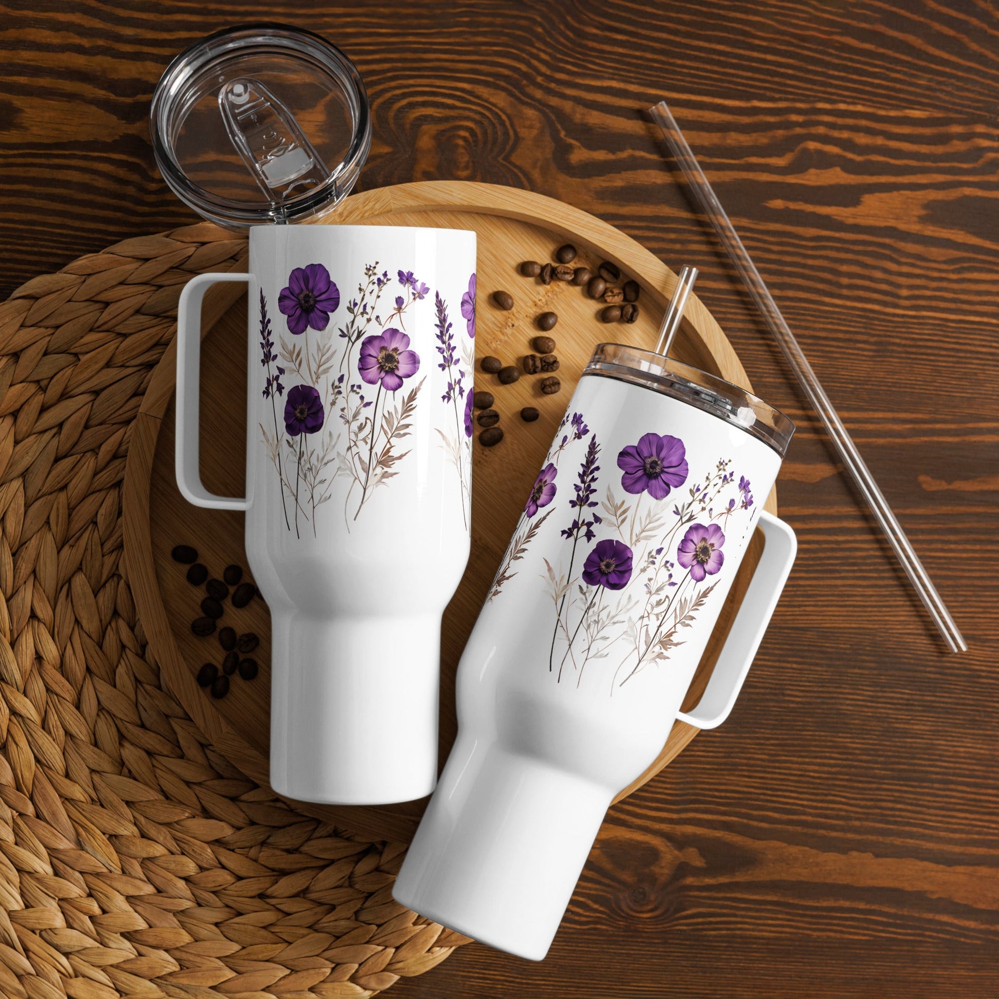 Purple Wildflowers Travel Mug With Handle (25 oz and 40 oz) - Travel Mug - Discovery Co.