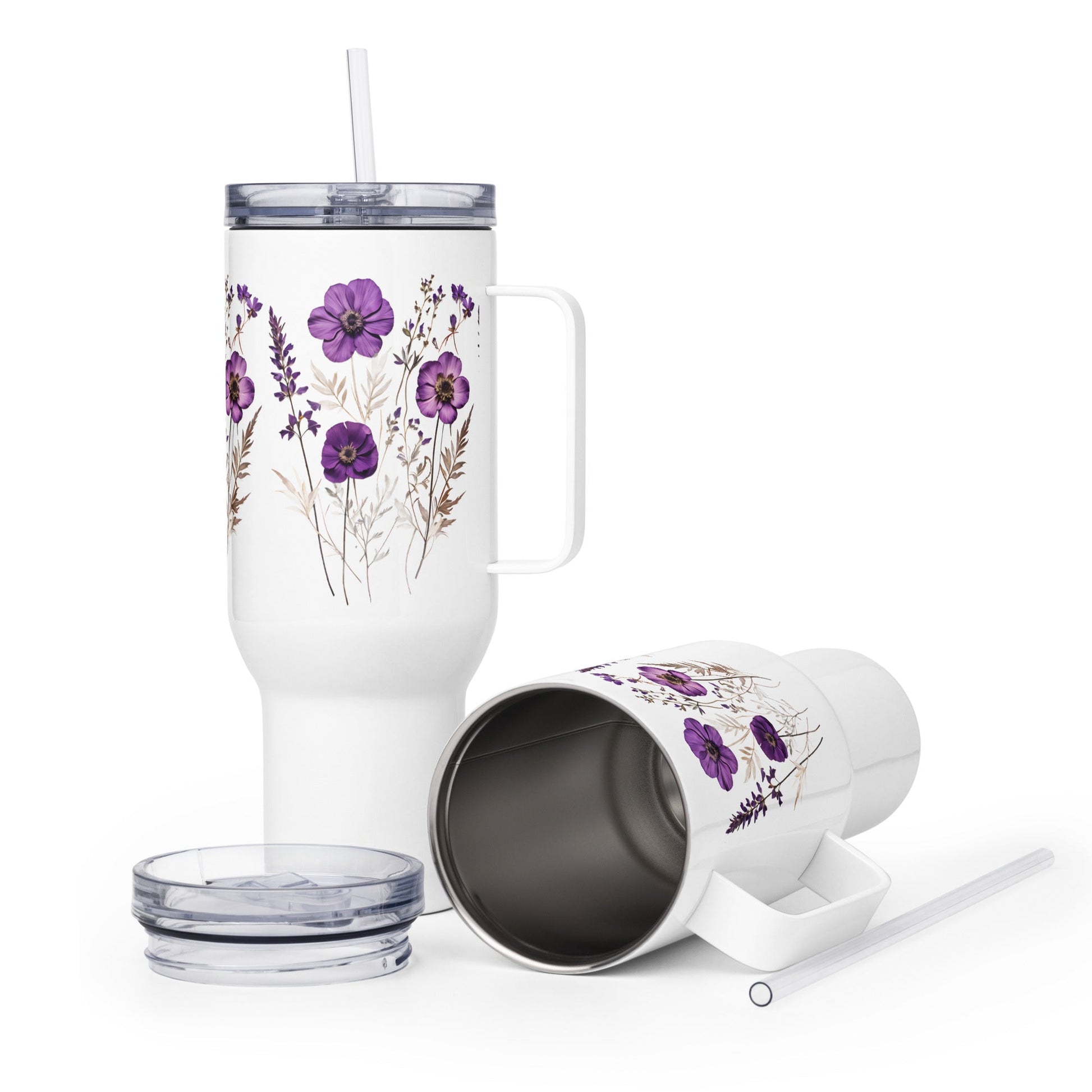 Purple Wildflowers Travel Mug With Handle (25 oz and 40 oz) - Travel Mug - Discovery Co.
