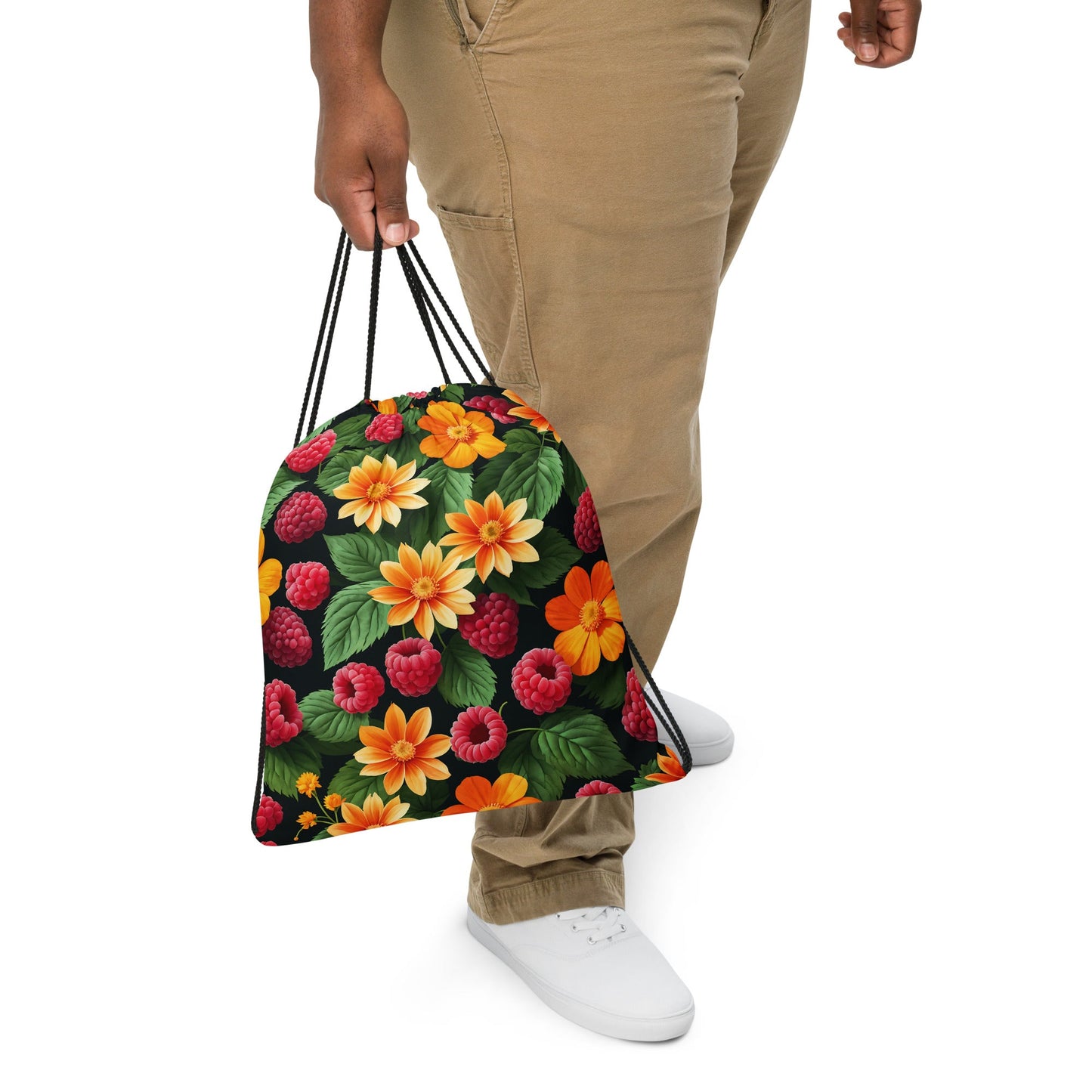 Raspberries And Orange Flowers Drawstring Bag - Drawstring Bag - Discovery Co.