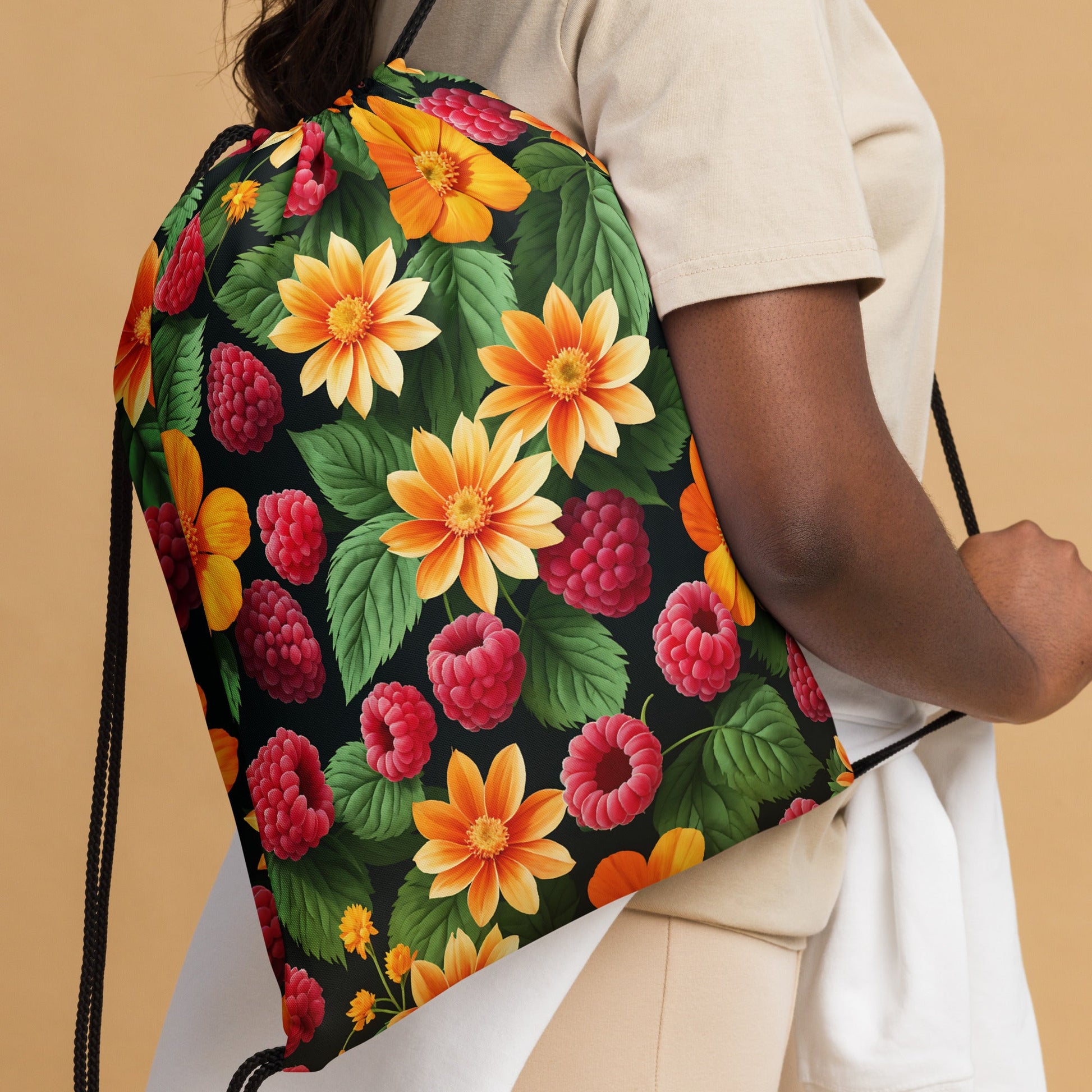 Raspberries And Orange Flowers Drawstring Bag - Drawstring Bag - Discovery Co.