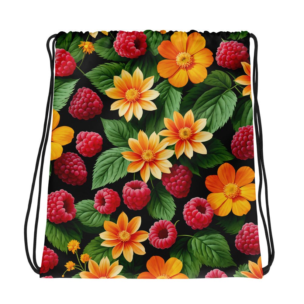 Raspberries And Orange Flowers Drawstring Bag - Drawstring Bag - Discovery Co.