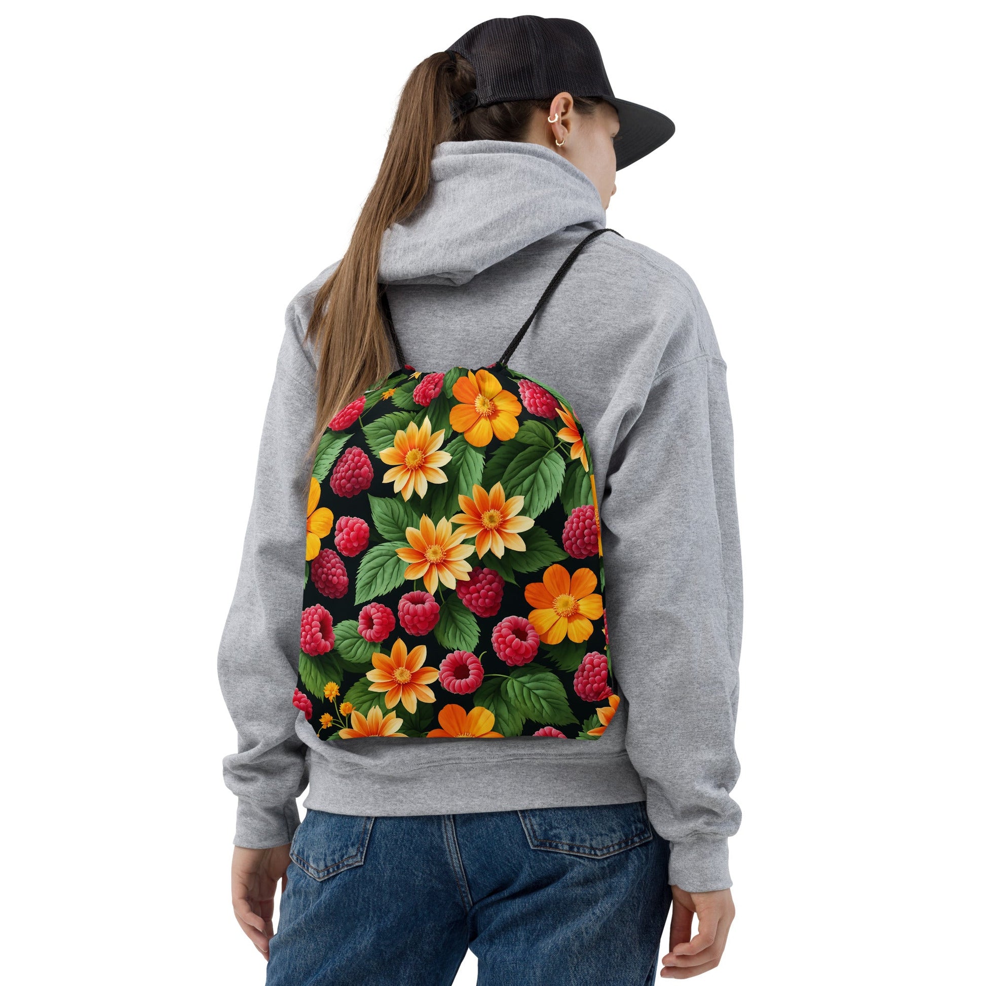 Raspberries And Orange Flowers Drawstring Bag - Drawstring Bag - Discovery Co.