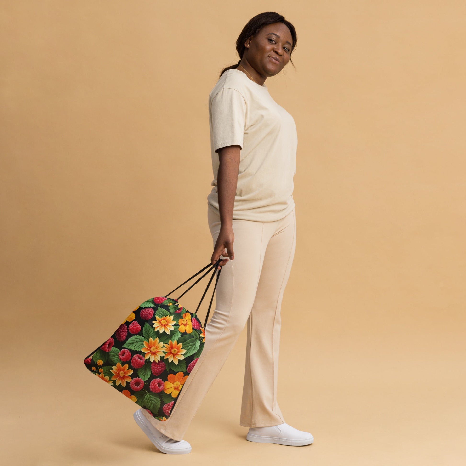 Raspberries And Orange Flowers Drawstring Bag - Drawstring Bag - Discovery Co.