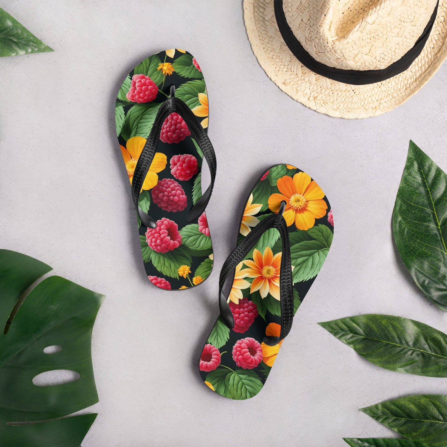 Raspberries And Orange Flowers Flip - Flops - Footwear - Discovery Co.