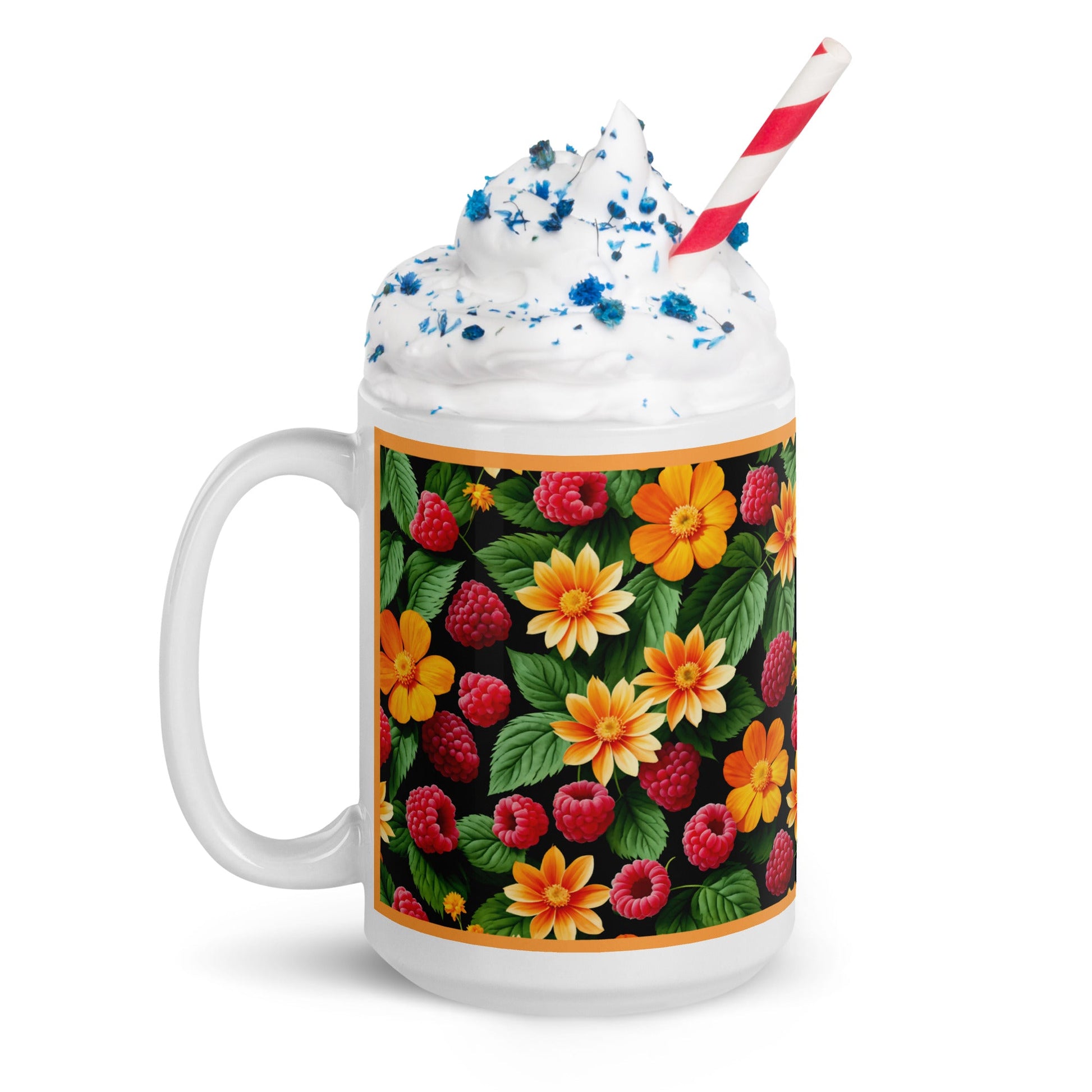 Raspberries and Orange Flowers White Glossy Mug (11 oz, 15 oz, 20 oz) - Mugs - Discovery Co.