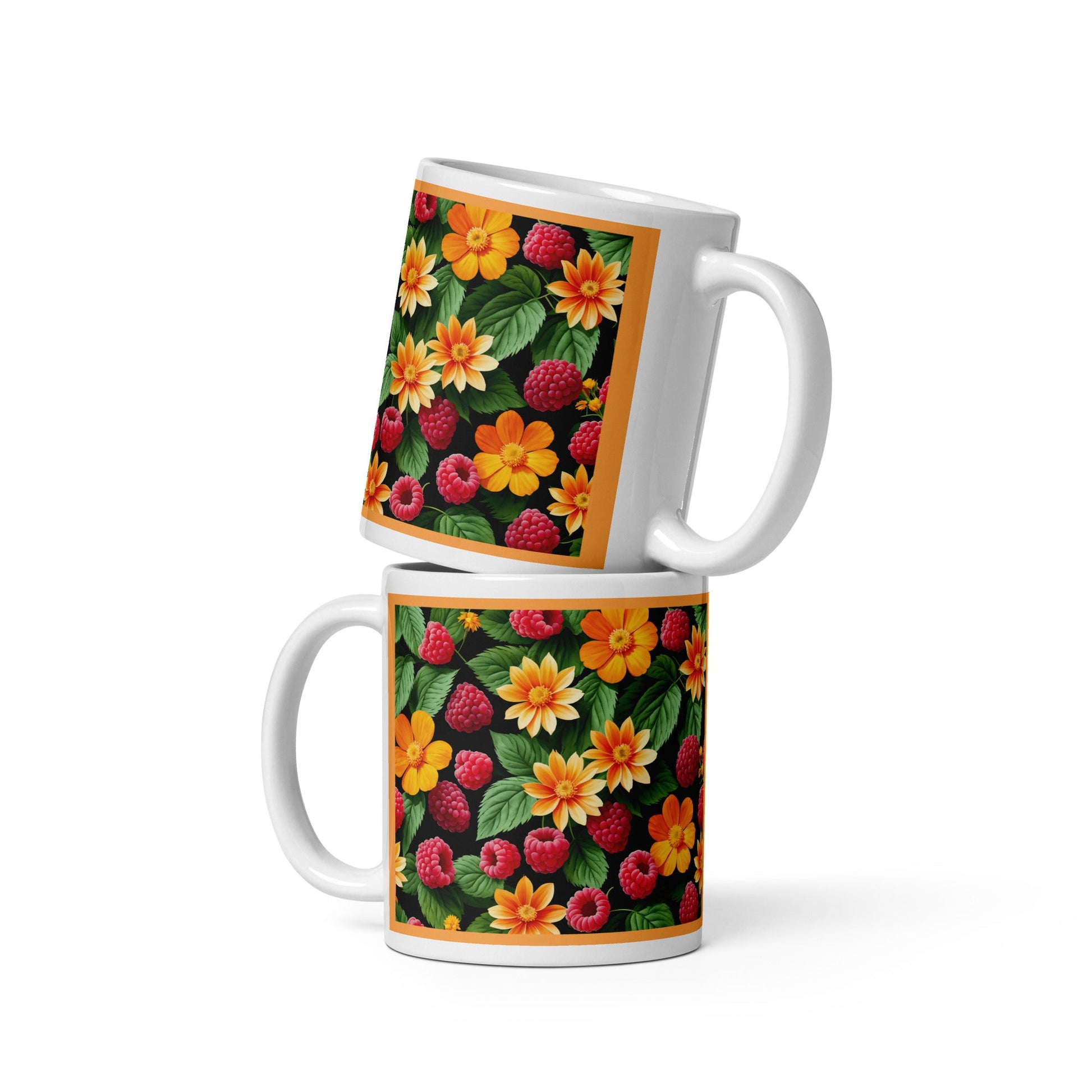 Raspberries and Orange Flowers White Glossy Mug (11 oz, 15 oz, 20 oz) - Mugs - Discovery Co.