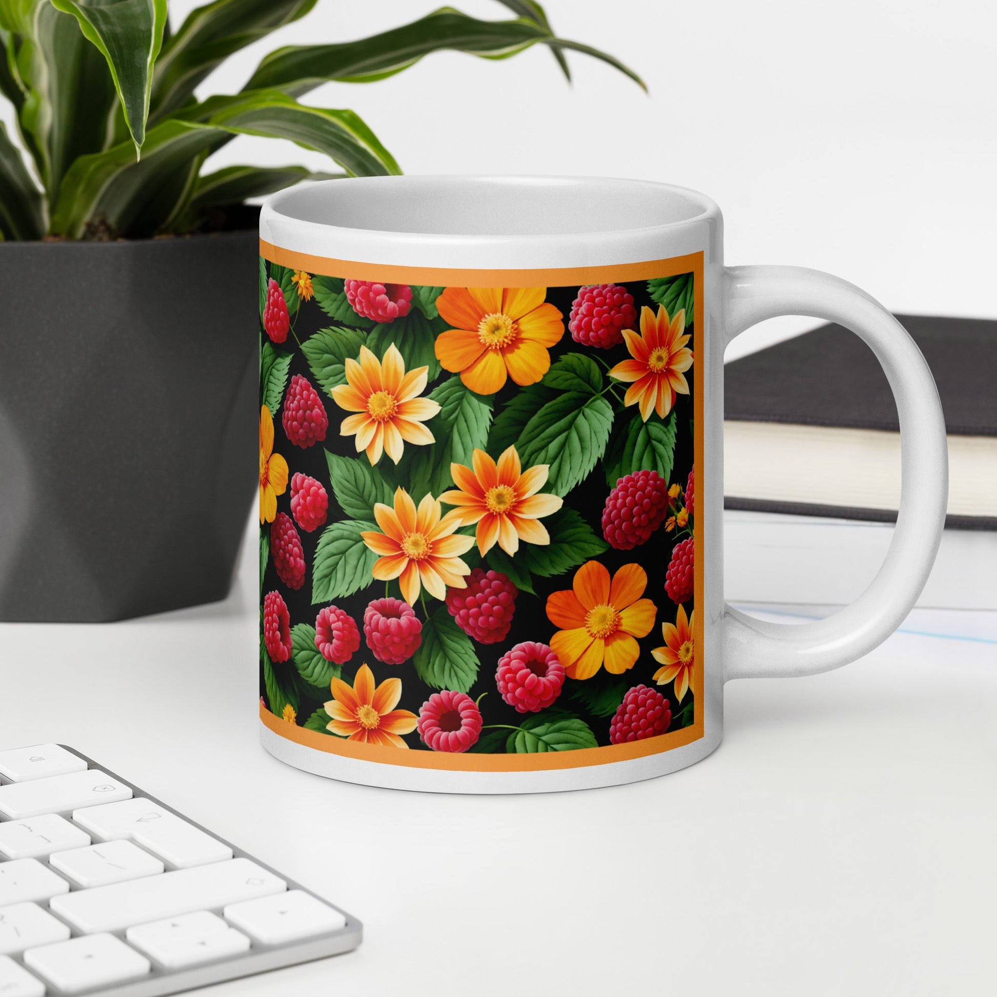 Raspberries and Orange Flowers White Glossy Mug (11 oz, 15 oz, 20 oz) - Mugs - Discovery Co.