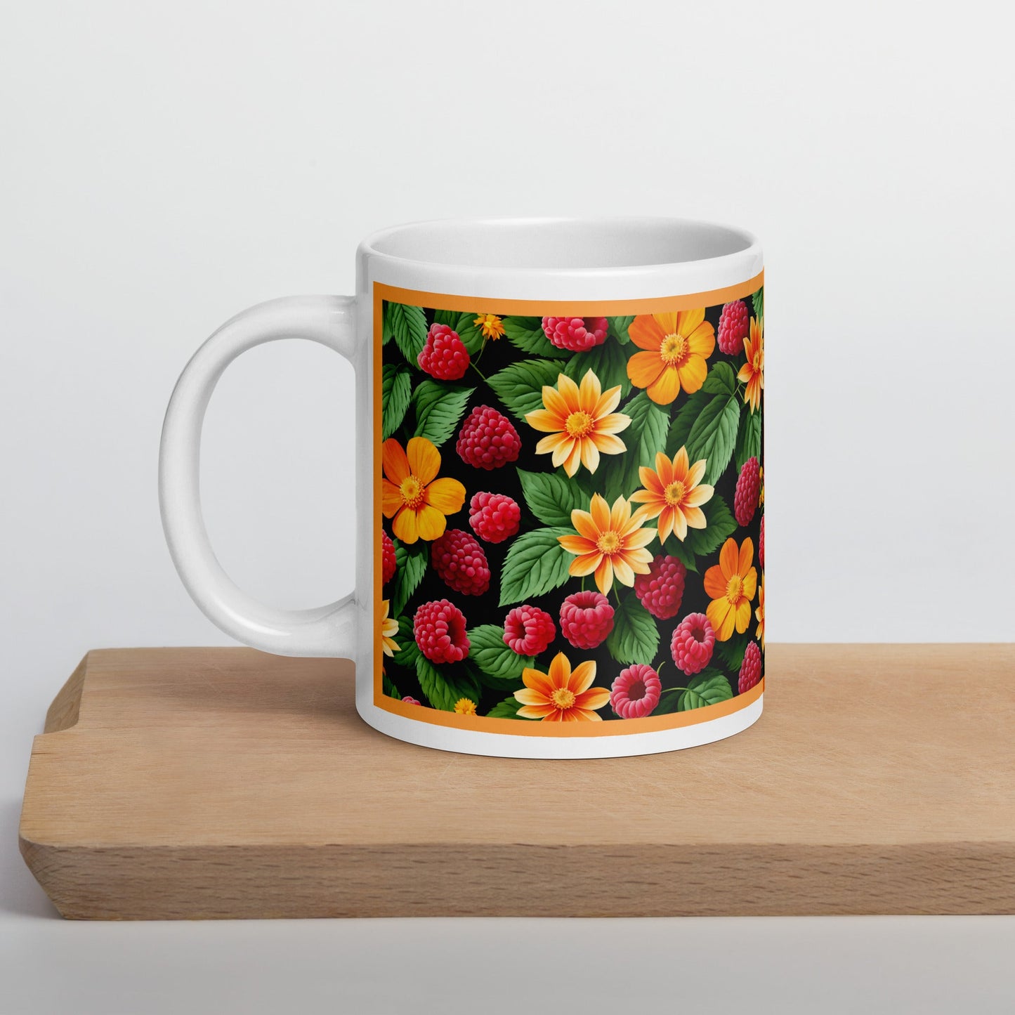 Raspberries and Orange Flowers White Glossy Mug (11 oz, 15 oz, 20 oz) - Mugs - Discovery Co.