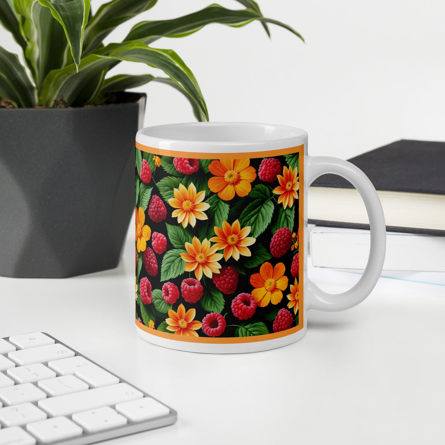 Raspberries and Orange Flowers White Glossy Mug (11 oz, 15 oz, 20 oz) - Mugs - Discovery Co.