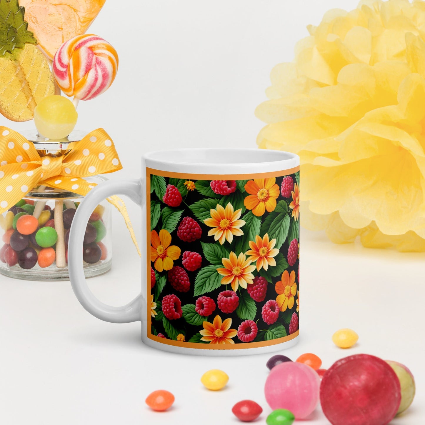 Raspberries and Orange Flowers White Glossy Mug (11 oz, 15 oz, 20 oz) - Mugs - Discovery Co.