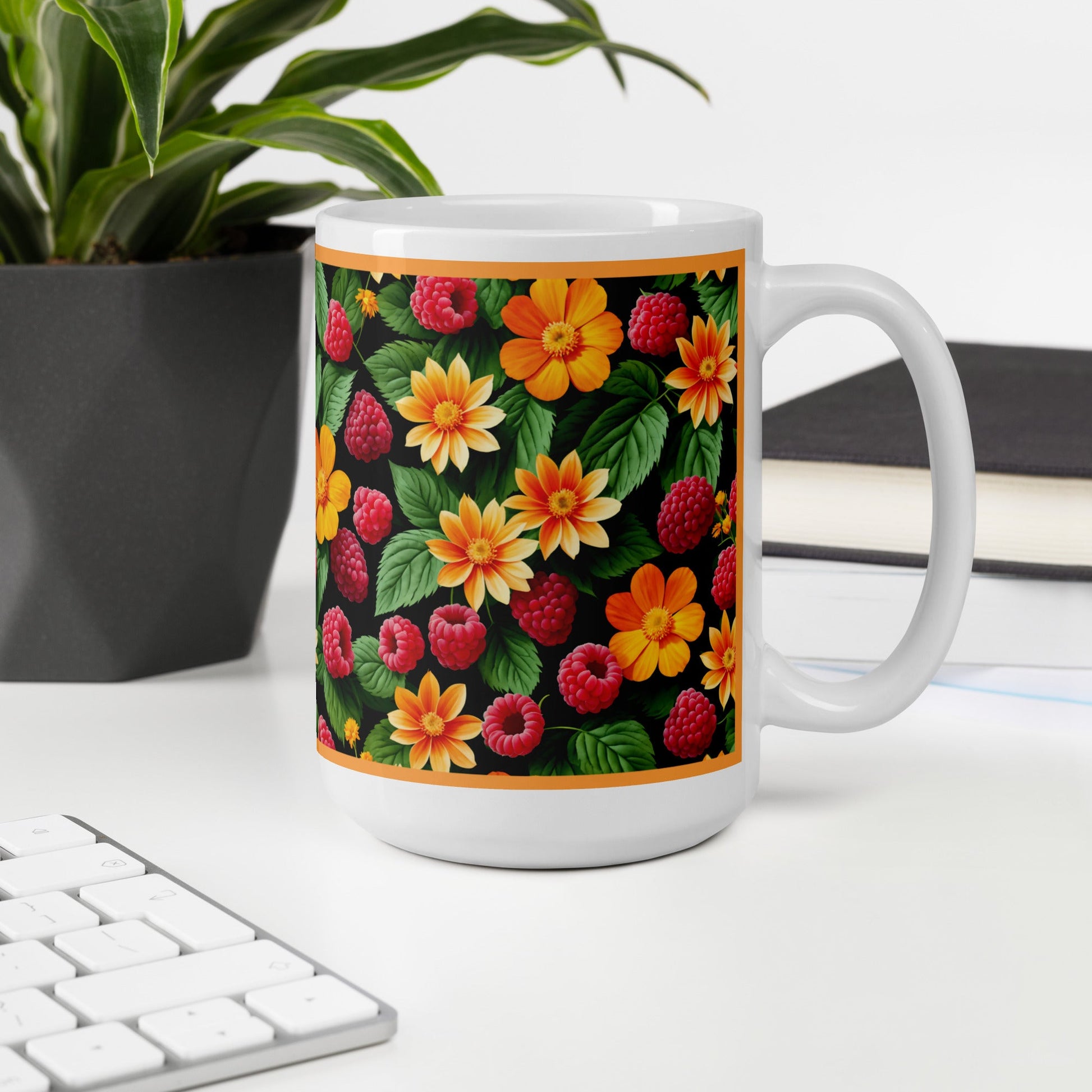 Raspberries and Orange Flowers White Glossy Mug (11 oz, 15 oz, 20 oz) - Mugs - Discovery Co.