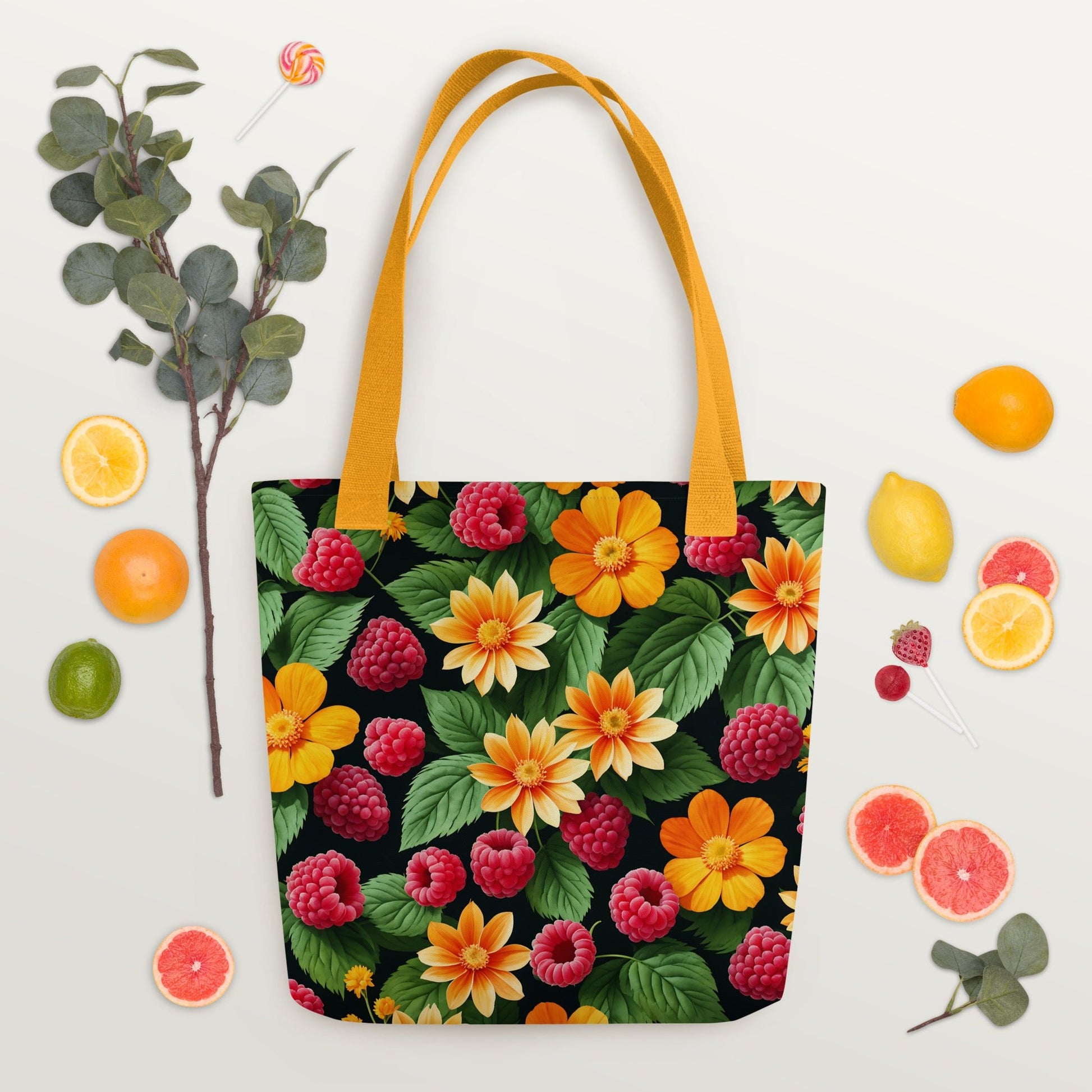 Raspberries and Yellow Flowers Tote Bag - Tote Bags - Discovery Co.