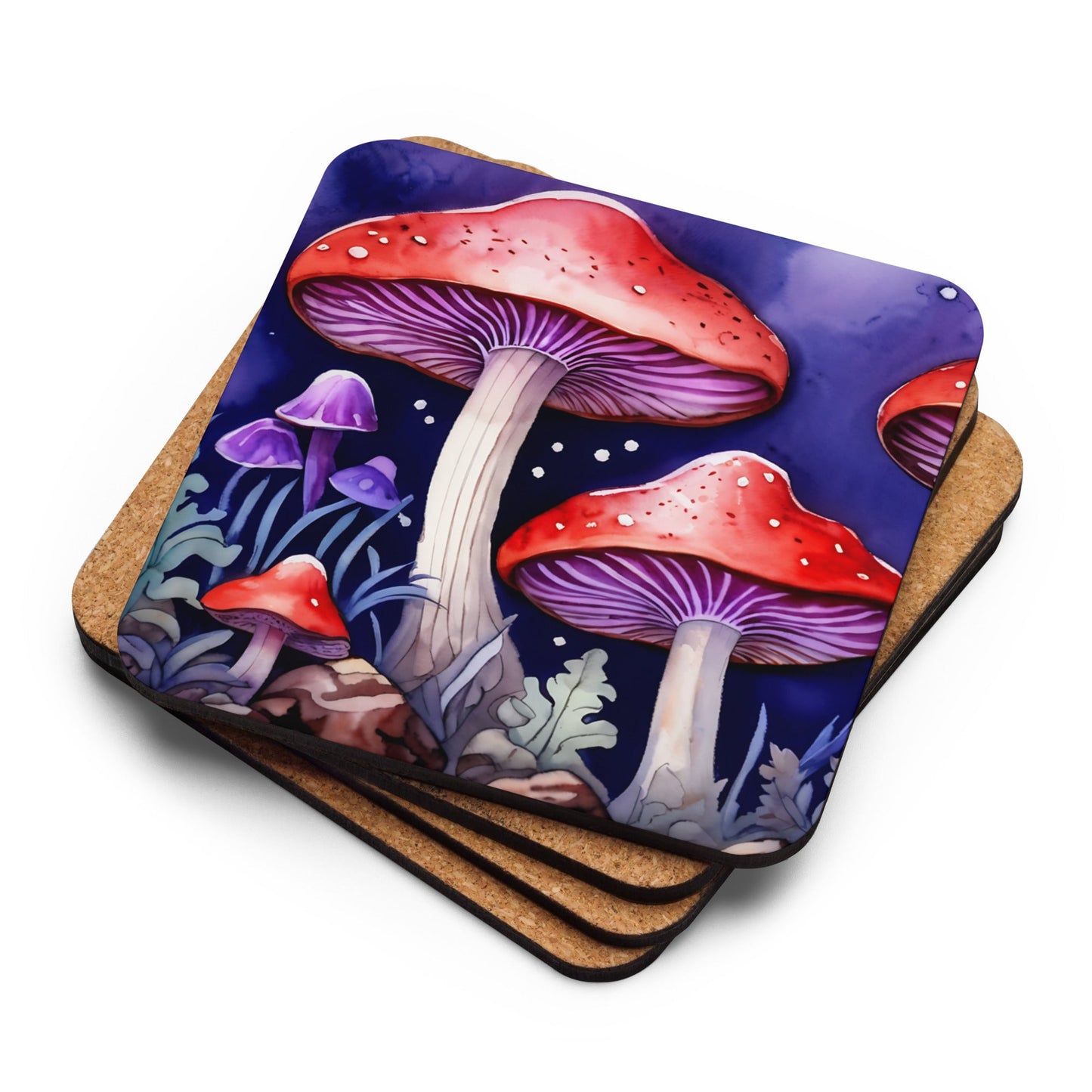 Red and Purple Forest Mushrooms Cork - back Coaster - Coasters - Discovery Co.