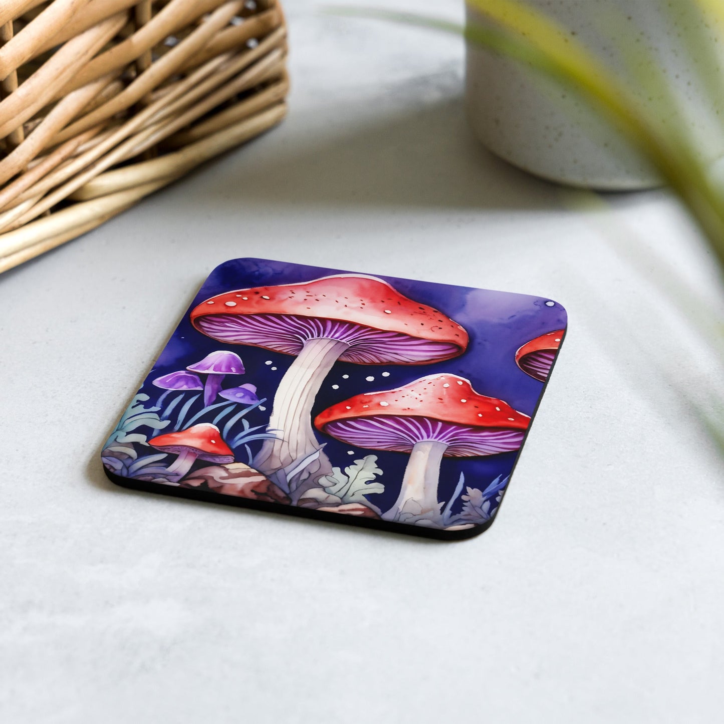 Red and Purple Forest Mushrooms Cork - back Coaster - Coasters - Discovery Co.