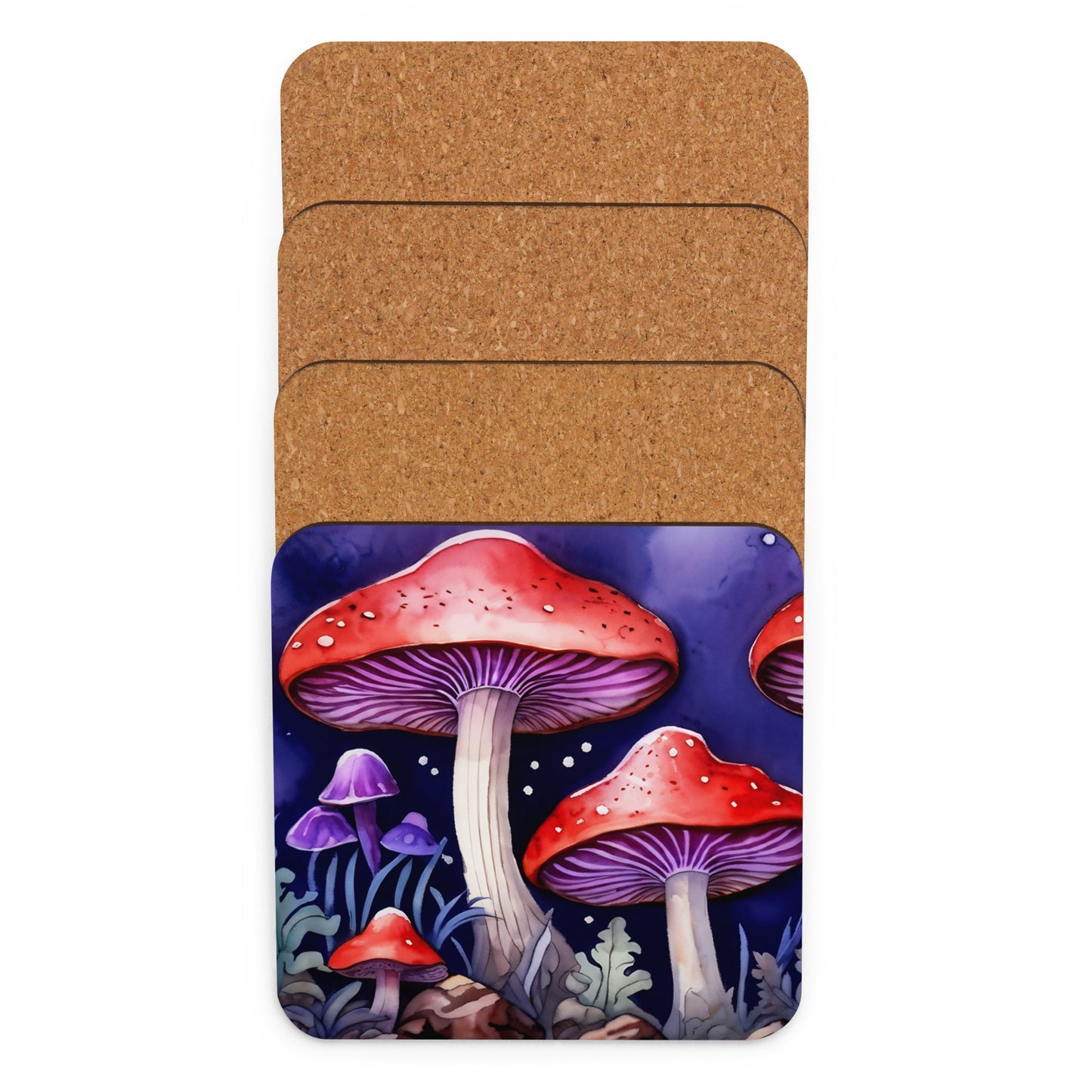 Red and Purple Forest Mushrooms Cork - back Coaster - Coasters - Discovery Co.