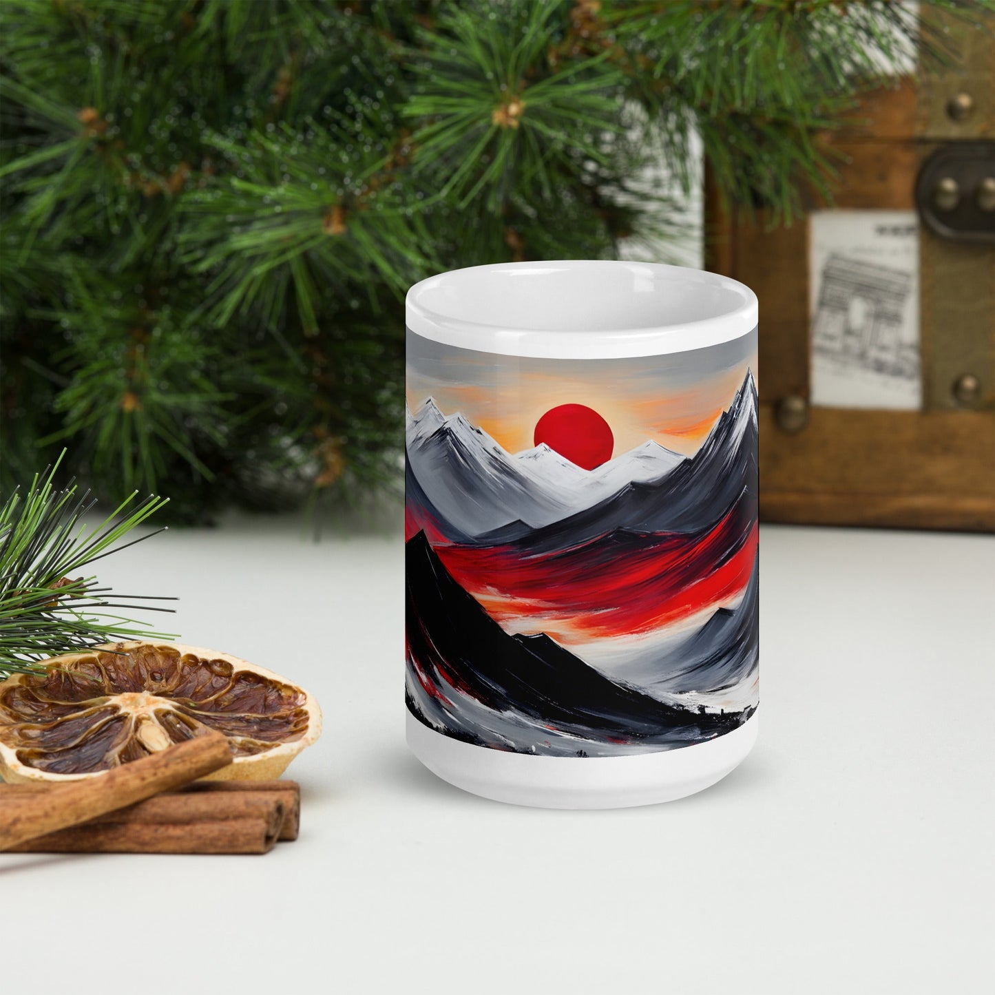 Red Sun Over Mountains White Glossy Mug - Mugs - Discovery Co.