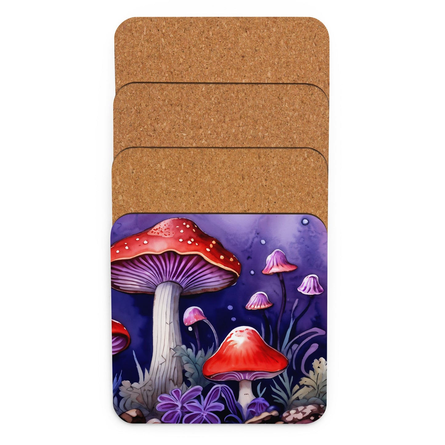 Reds and Purples Forest Mushrooms Cork - back Coaster - Coasters - Discovery Co.